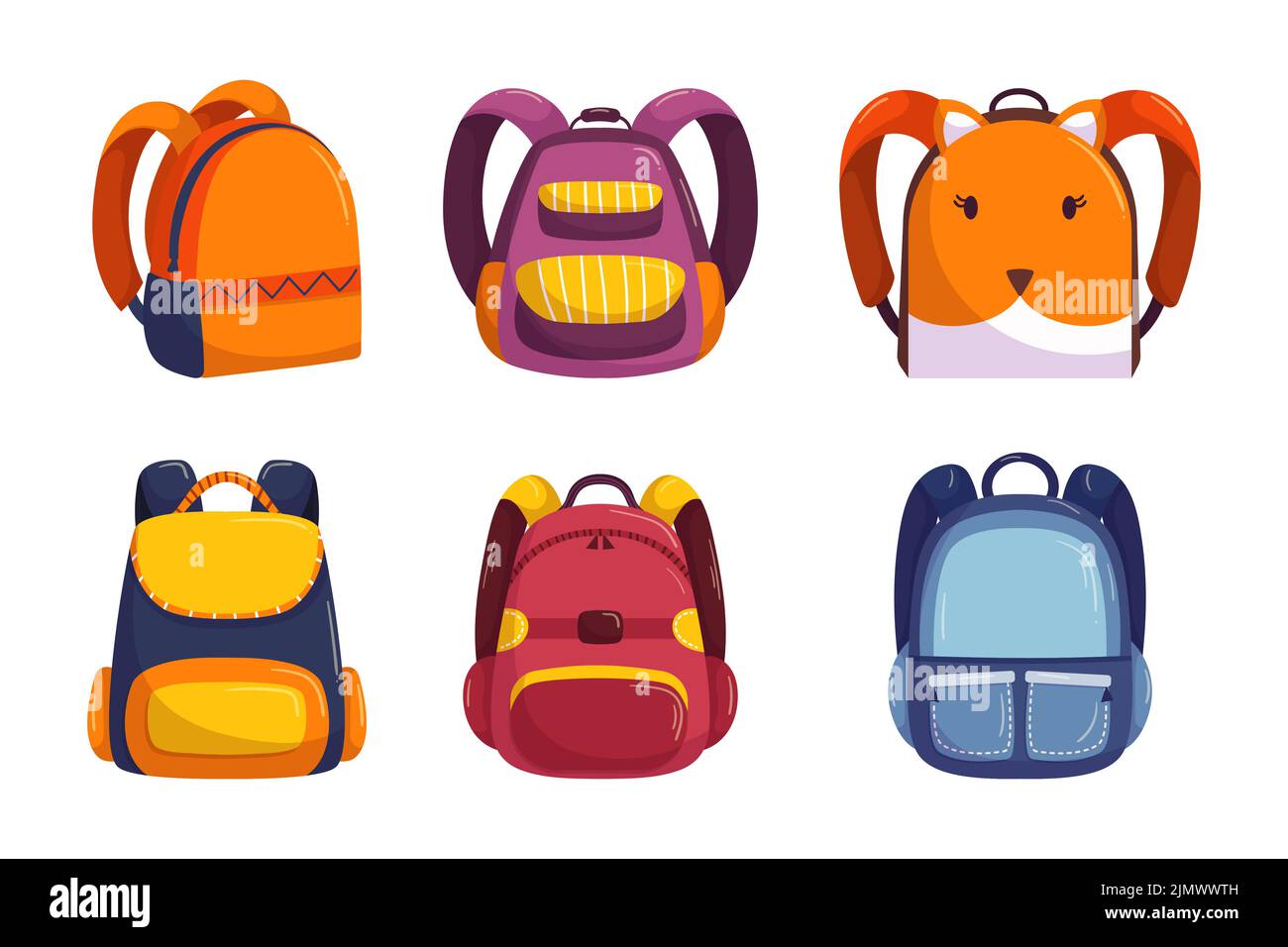 Collezione di borse scolastiche in stile vettoriale disegnato a mano piatto. Set di diversi zaini per bambini per la scuola. Torna a scuola elementi autunnali Illustrazione Vettoriale