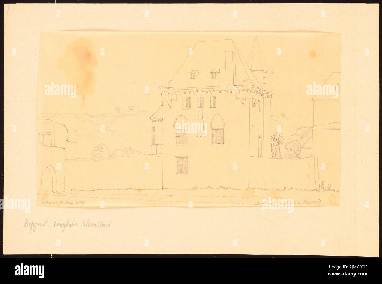 Quast Ferdinand von (1807-1877), Schwalbach Burghaus (Ritter-Schwalbach-Haus) nei pressi di Boppard (14 maggio 1847): Vista prospettica. Matita su carta trasparente con tessuto incollato in senso stretto, 21,8 x 32,3 cm (compresi i bordi di scansione) Quast Ferdinand von (1807-1877): Burghaus Schwalbach (Ritter-Schwalbach-Haus), Boppard Foto Stock