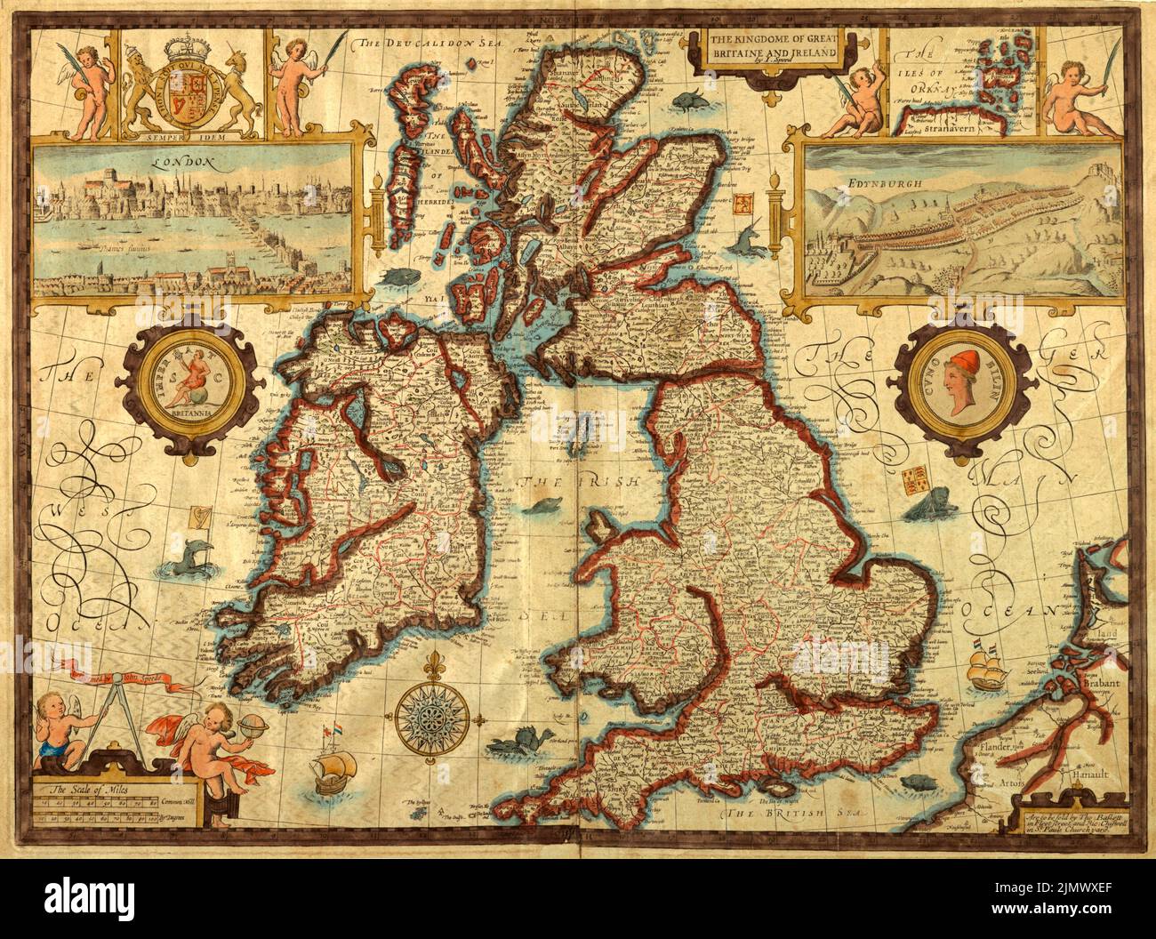 Carta d'acquerello del XVII secolo di Gran Bretagna e Irlanda di John Speede. Mappa ha inset di Londra e Edimburgo. Foto Stock