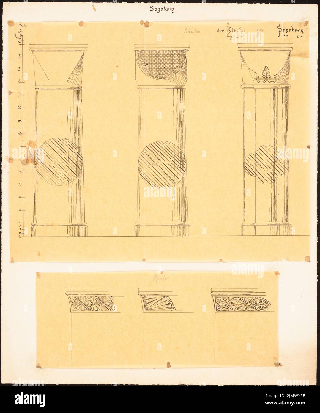 Quast Ferdinand von (1807-1877), Chiesa di Segeberg (senza dat.): Due foglie: Alberi risuscitanti e capitelli di tre colonne, fregio a tre colonne con ornamento vegetale, barra di scala (piede di cembro.). Inchiostro su trasparente, 35,4 x 29,3 cm (compresi i bordi di scansione) Quast Ferdinand von (1807-1877): Kirche, Segeberg Foto Stock