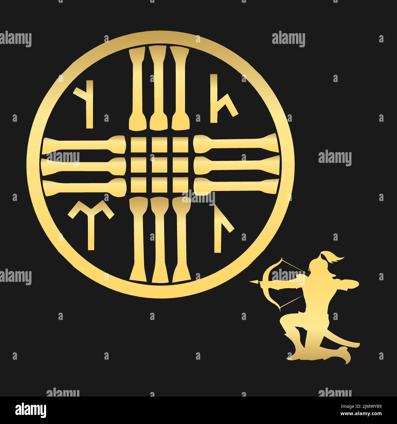 Tengrism Antica religione simbolo emblema. Asia centrale e orientale Sky Dio Tengry e nomade arciere isolato su nero. Illustrazione vettoriale Illustrazione Vettoriale