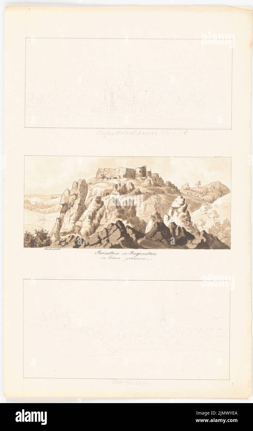 Quast Ferdinand von (1807-1877), il monastero di Hilwartshausen, il castello di Reinstein (Regenstein), il castello di Sollon the Weser. (Da: Viste luminose da Germania, Austria, Italia e Svizzera) (senza data): Tre viste prospettiche del monastero di Hilwartshausen (dal Weser a Merano), del Burgruine Regenstein, del castello e della città di poll (by de. Bleistift e inchiostro (Seppia) su carta, 33,9 x 21,3 cm (compresi i bordi di scansione) Quast Ferdinand von (1807-1877): Kloster Hilwartshausen, Burg Reinstein (Regenstein), Burg poll an der Weser. (Aus: Ortsansichten aus Deutschland, Österreich, Italien und der Schwei Foto Stock