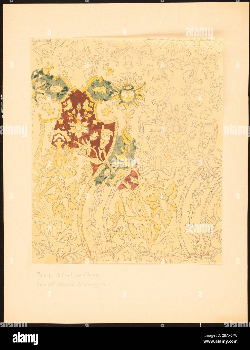 Quast Ferdinand von (1807-1877), stemma di una regina nel Musée de Cluny (oggi: Musée National du Moyen âge), Parigi (1874): Dettaglio di tendri ornia floreale di una sostanza (dopo o per fiction secondo Bucher/Gnauth: Artigianato i, Stoccarda 1874). Matita, ad es. T. acquerello, trasparente, 34,8 x 26,6 cm (compresi i bordi di scansione) Quast Ferdinand von (1807-1877): Mantel einer Königin im Musée de Cluny (heute: Musée National du Moyen Âge), Parigi Foto Stock