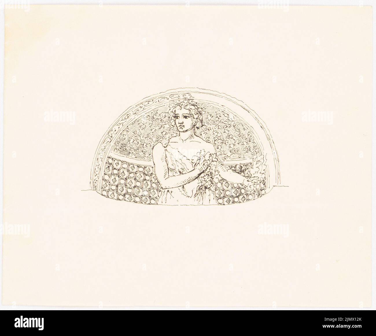 Quast Ferdinand von (1807-1877), ragazza di fronte alla lunetta (senza dat.): Mezza foto di una giovane donna in abito greco-romano, fiore (floragest, allegoria estiva), di fronte alla lunetta ornata (dipinto uno. Inchiostro su carta, 17,8 x 21,6 cm (compresi i bordi di scansione) Quast Ferdinand von (1807-1877): Mädchen vor Lünette Foto Stock