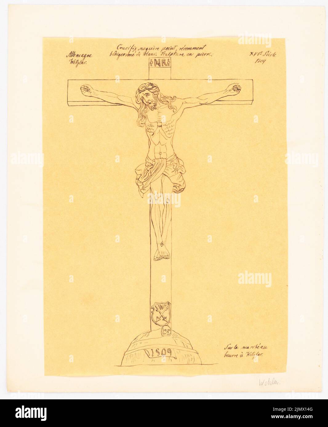 Quast Ferdinand von (1807-1877), crocefisso di pietra sul mercato del burro a Wetzlar (senza dat.): Vista del crocifisso (1509) (dopo o mediante disegno secondo la sagoma francese). Inchiostro su trasparente, 35,8 x 29,3 cm (compresi i bordi di scansione) Quast Ferdinand von (1807-1877): Steinkruzifix auf dem Buttermarkt, Wetzlar Foto Stock