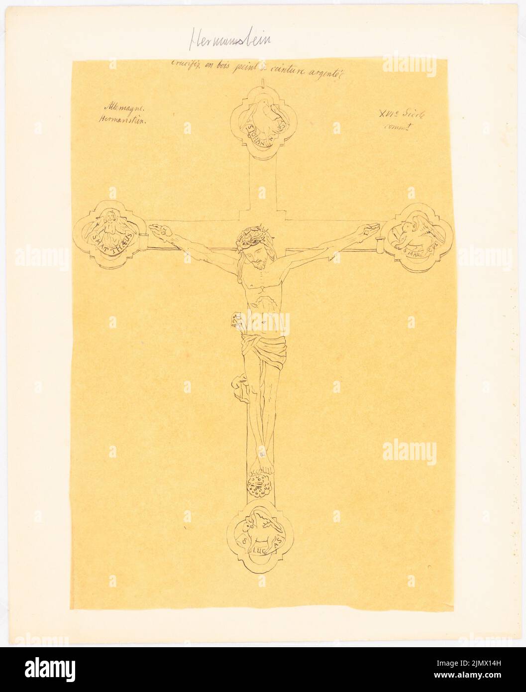 Quast Ferdinand von (1807-1877), Holzkrucifix (16th secolo) in Hermannstein (senza data): Vista con simboli evangelisti ai croci (secondo il modello francese, presumibilmente dopo o da Ernst di Weerth: Art. Tusche su trasparente, 35,7 x 29,1 cm (compresi i bordi di scansione) Quast Ferdinand von (1807-1877): Holzkruzifix (16. JH.), Hermannstein Foto Stock