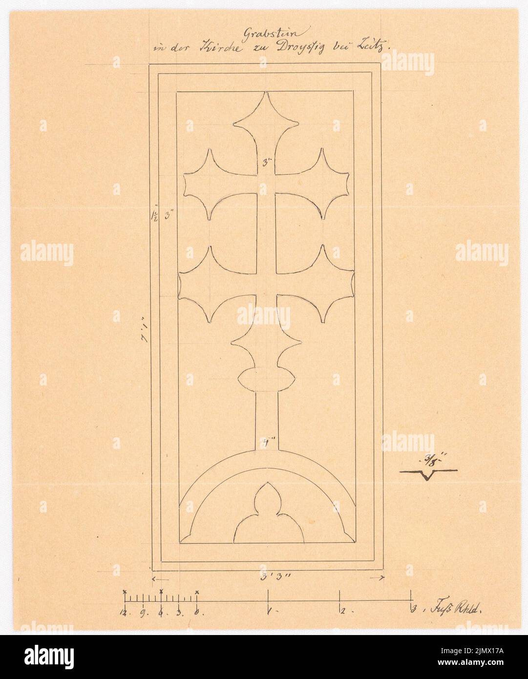 Quast Ferdinand von (1807-1877), lapide con doppia croce incisa nella chiesa di Droyßig vicino a Zeitz (senza dat.): Girare la croce zampa con punta unghia, barra di scala (piede Rhld.). Inchiostro su carta, 17,5 x 14,6 cm (compresi i bordi di scansione) Quast Ferdinand von (1807-1877): Grabstein mit eingeritztem Doppelkreuz in der Kirche, Droyßig Foto Stock