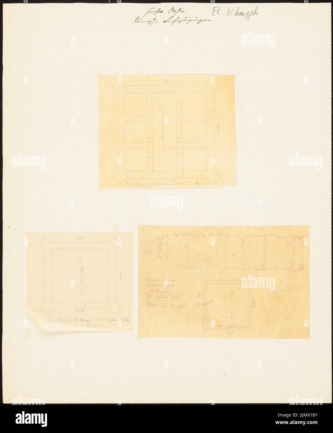 Quast Ferdinand von (1807-1877), fortificazioni romane a El Khargeh (senza data): Vista e tre piani (tre foglie, dopo o attraverso disegni a Cailliaud, Voyage à Meroe, II, Pl. XLII, 2 e 3, e e Oasis, Pl. XXII, 2 .. Matita su trasparente, 34 x 27,9 cm (compresi i bordi di scansione) Quast Ferdinand von (1807-1877): Römische BeFestigungen, El Khargeh Foto Stock