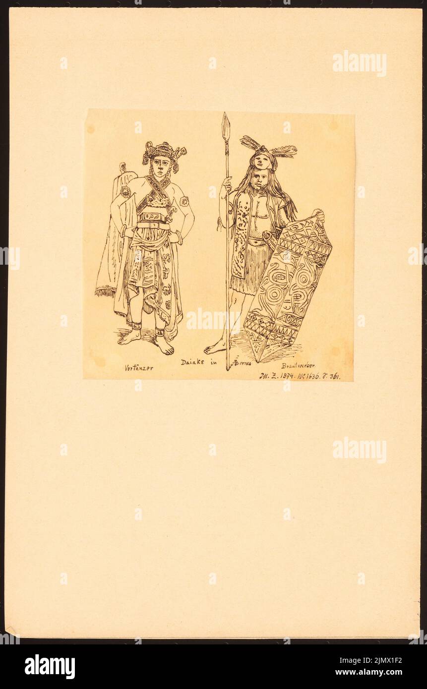 Quast Ferdinand von (1807-1877), due Dayak/Dajak sul Borneo (senza dat.): Pre-ballerino e bridaler in costume regolare, scudo e lancia (attraverso il giornale illustrato, 1874, No. 1636, p. 36). Inchiostro su trasparente, 30,9 x 20,4 cm (compresi i bordi di scansione) Quast Ferdinand von (1807-1877): Zwei Dayak/Dajak auf Borneo Foto Stock