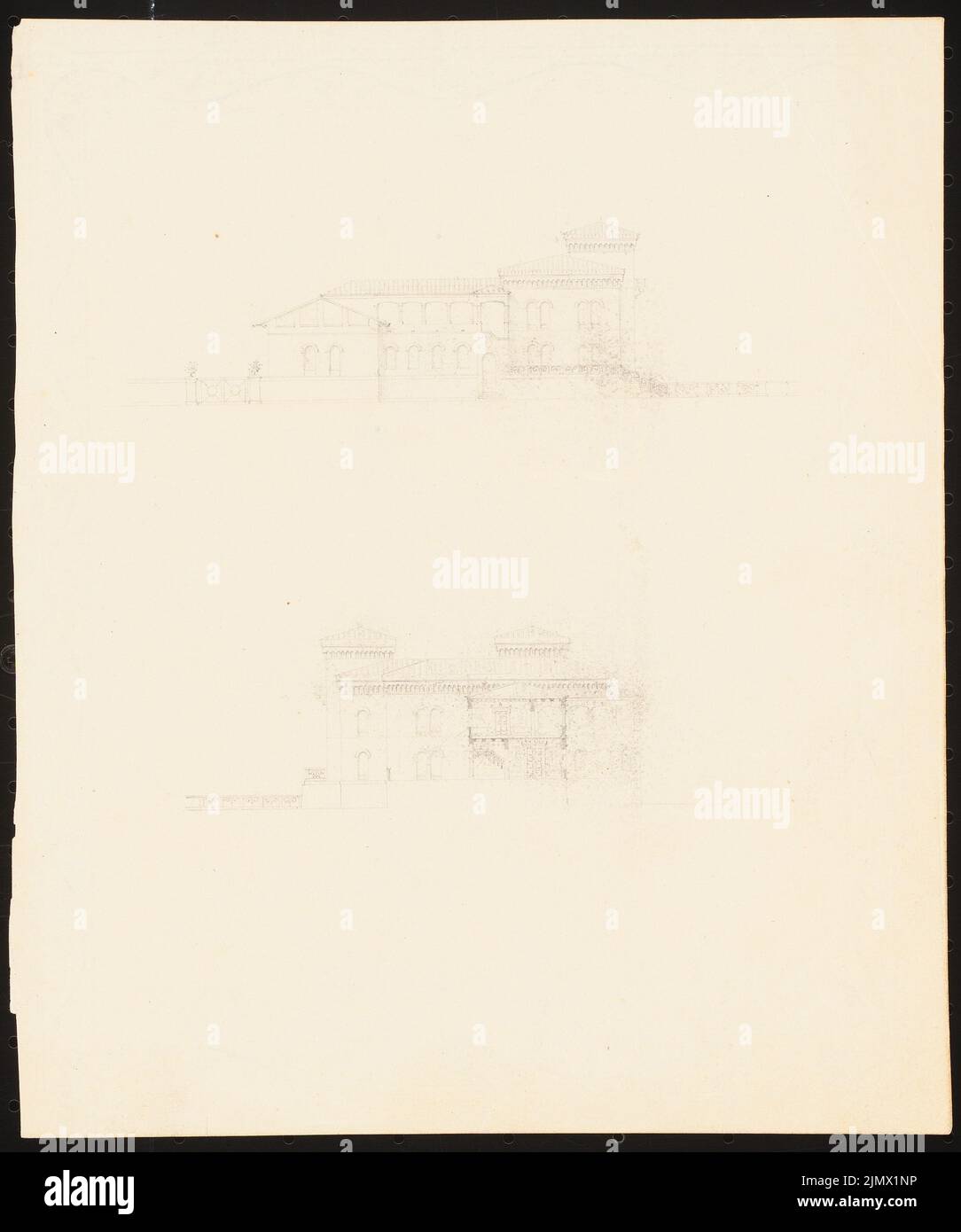 Quast Ferdinand von (1807-1877), castelli su un abisso ([1831]): Vista frontale e vista posteriore (vedi anche 44983,1 e 44983,3). Matita su carta, 25,3 x 21,1 cm (compresi i bordi di scansione) Quast Ferdinand von (1807-1877): Schlösschen an einem Abgrund Foto Stock