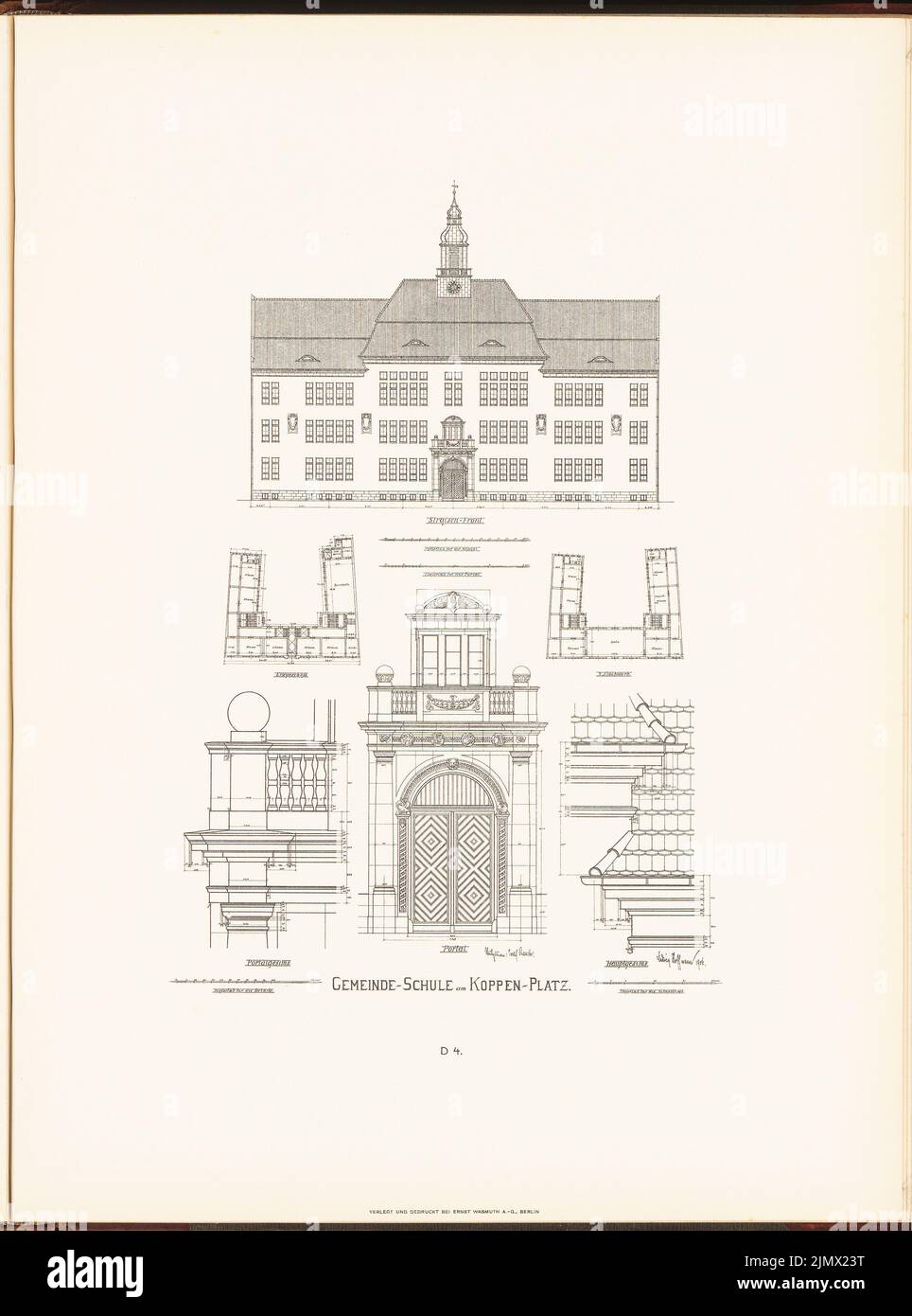 Hoffmann Ludwig (1852-1932), (non ancora registrato) (1907): Non ancora registrato (L.H., nuovi edifici della città di Berlino, Vol. V). Pressione su carta, 52,5 x 38,9 cm (compresi i bordi di scansione) Hoffmann Ludwig (1852-1932): Gemeindeschule am Koppenplatz, Berlino. (Aus: Neubauten der Stadt Berlin, Bd V, 1907) Foto Stock