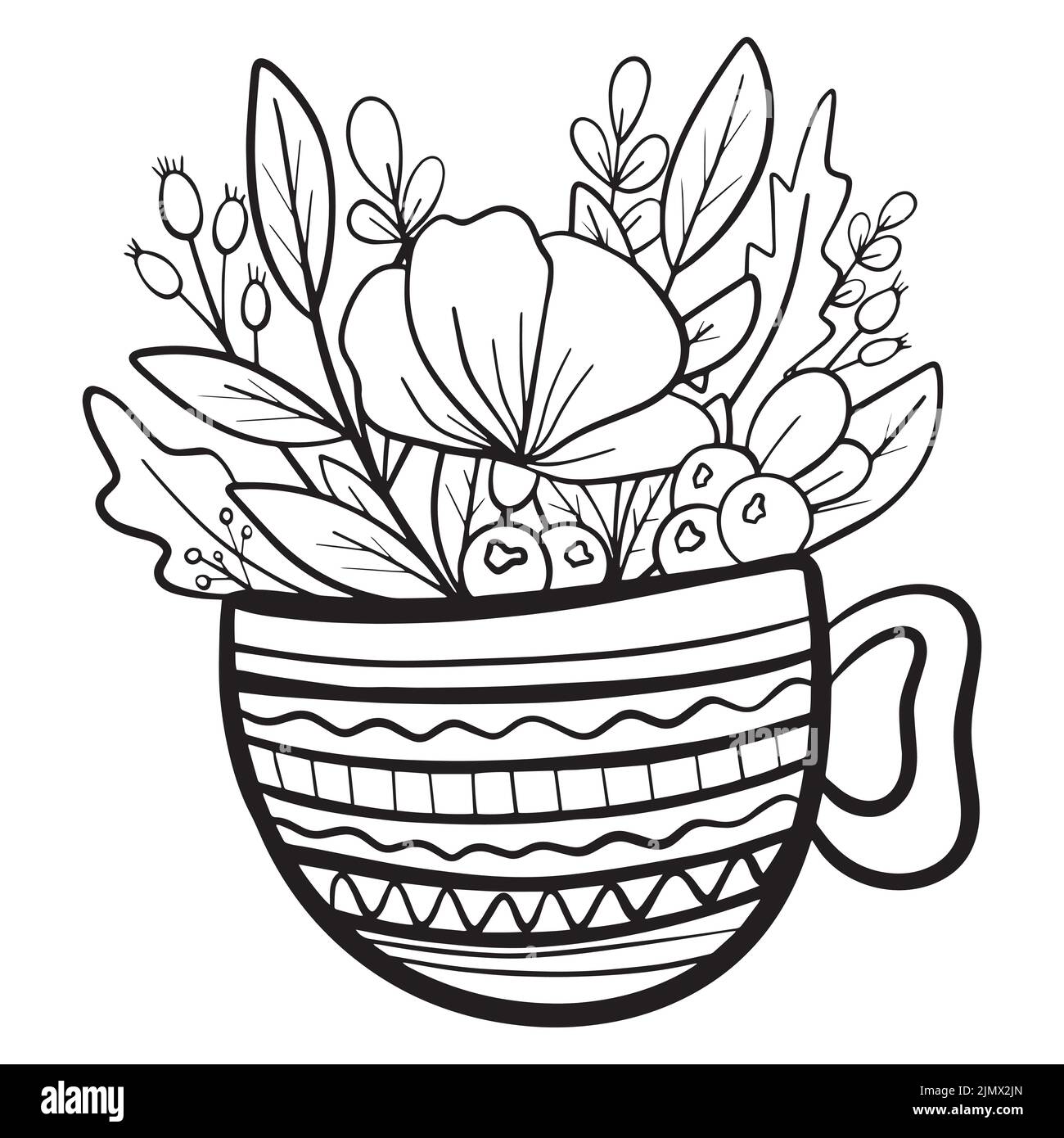 Tazza da caffè disegnata a mano con fiori. Illustrazione floreale del vettore del doodle botanico. Libro da colorare Illustrazione Vettoriale