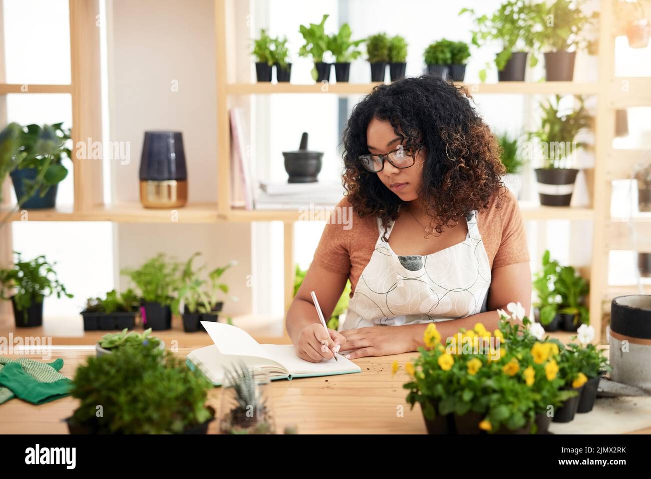Prende sul serio la botanica, una giovane e attraente botanista femminile che prende appunti mentre lavora nel suo fiorista. Foto Stock