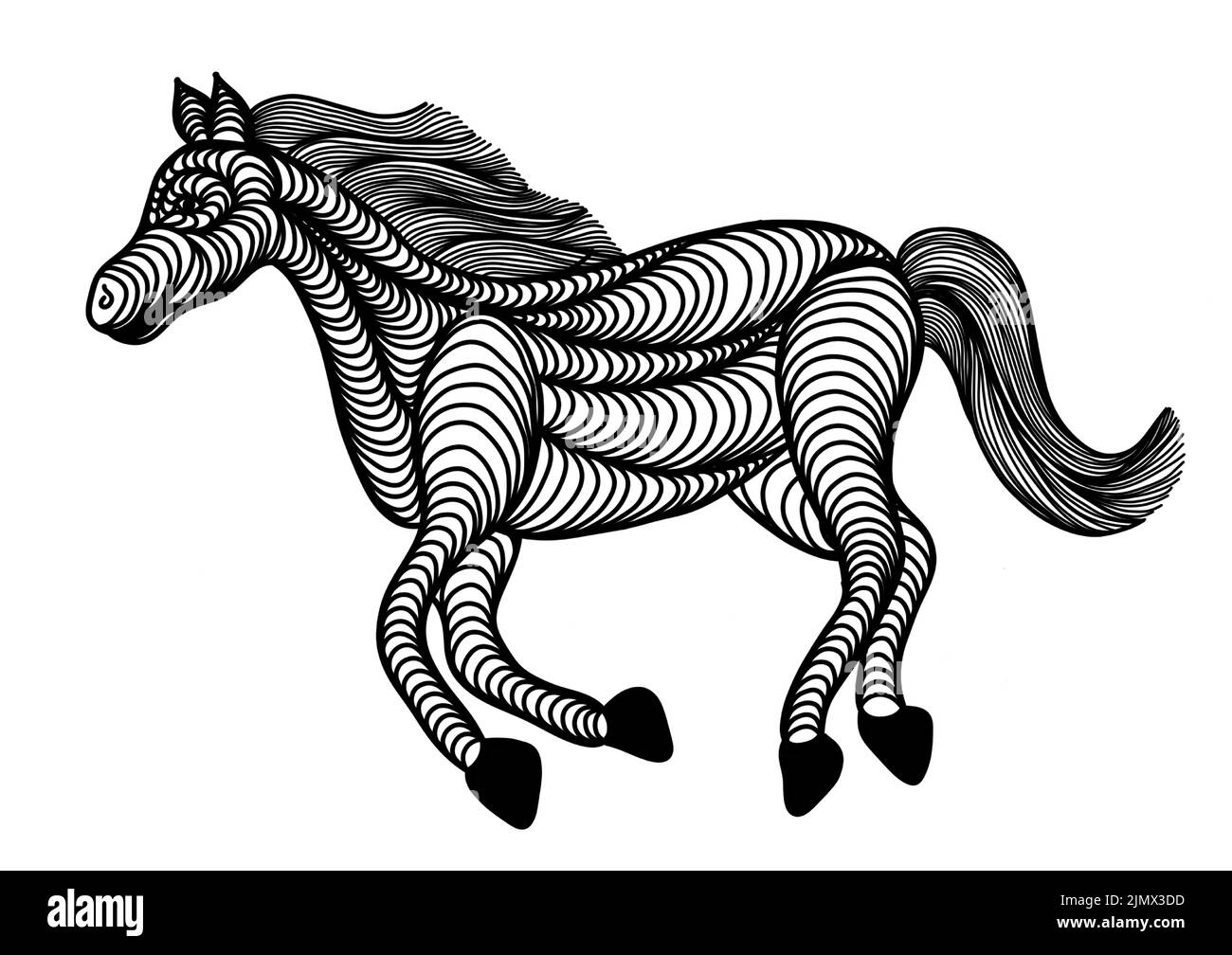 Un'icona raffigurante un cavallo in artline offset nero. Modello esclusivo per il logo o il design dello sfondo. Illustrazione Vettoriale