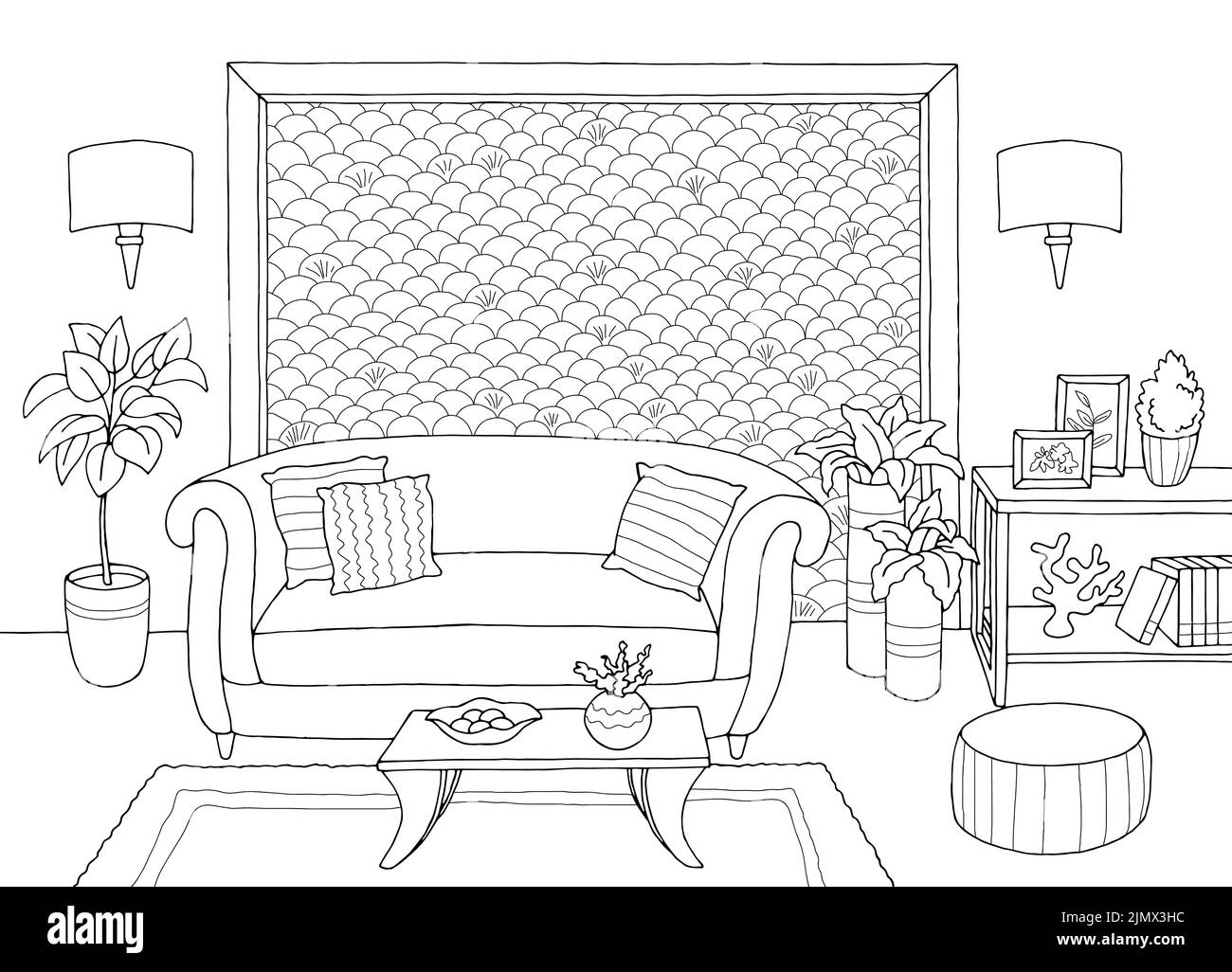 Grafico interno nero bianco grafico del salotto illustrazione vettore Illustrazione Vettoriale