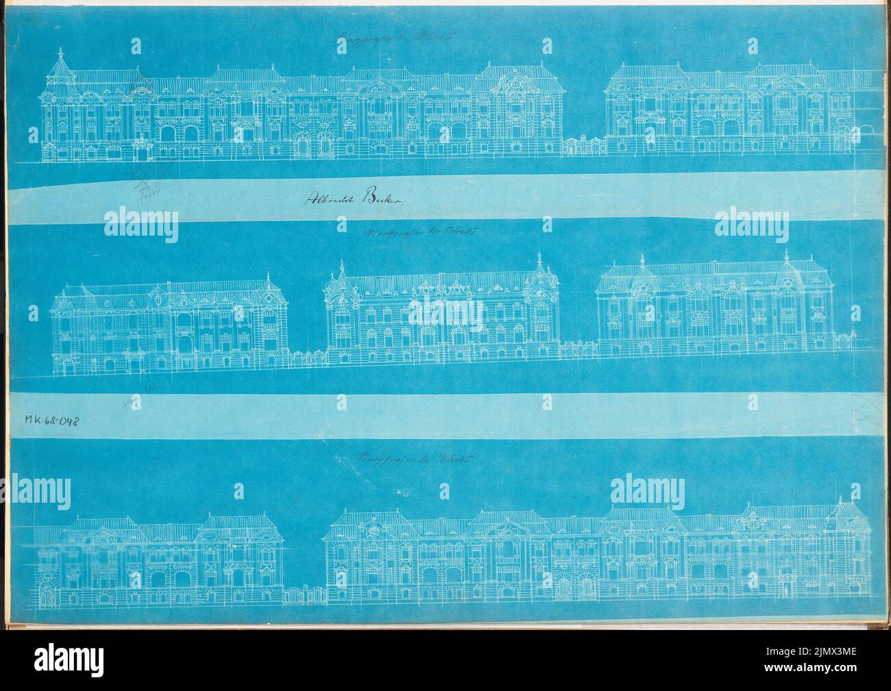 Becker Albrecht (1840-1912), costruzione del terreno a Potsdam. Concorso mensile Dicembre 1899 (12,1899): RISS 3 Street views. Sanguinamento su carta, 42,5 x 60,1 cm (compresi i bordi di scansione) Becker Albrecht (1840-1912): Geländebebauung, Potsdam. Monatskonkurrenz Dezember 1899 Foto Stock