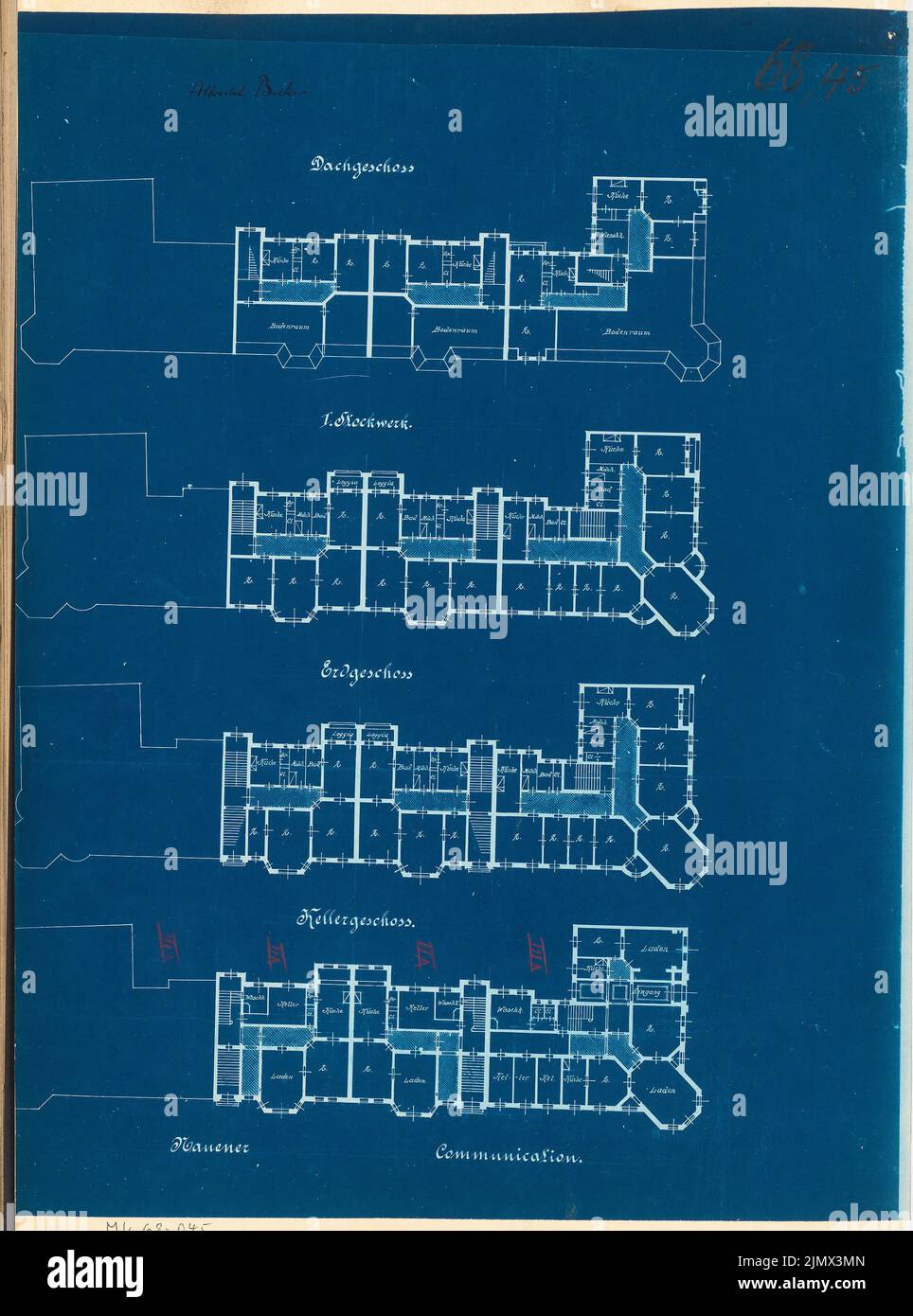 Becker Albrecht (1840-1912), costruzione del terreno a Potsdam. Concorso mensile Dicembre 1899 (12,1899): Piano seminterrato, piano terra, piano superiore, mansarda. Matita colorata su carta, 55,5 x 41,2 cm (compresi i bordi di scansione) Becker Albrecht (1840-1912): Geländebebauung, Potsdam. Monatskonkurrenz Dezember 1899 Foto Stock