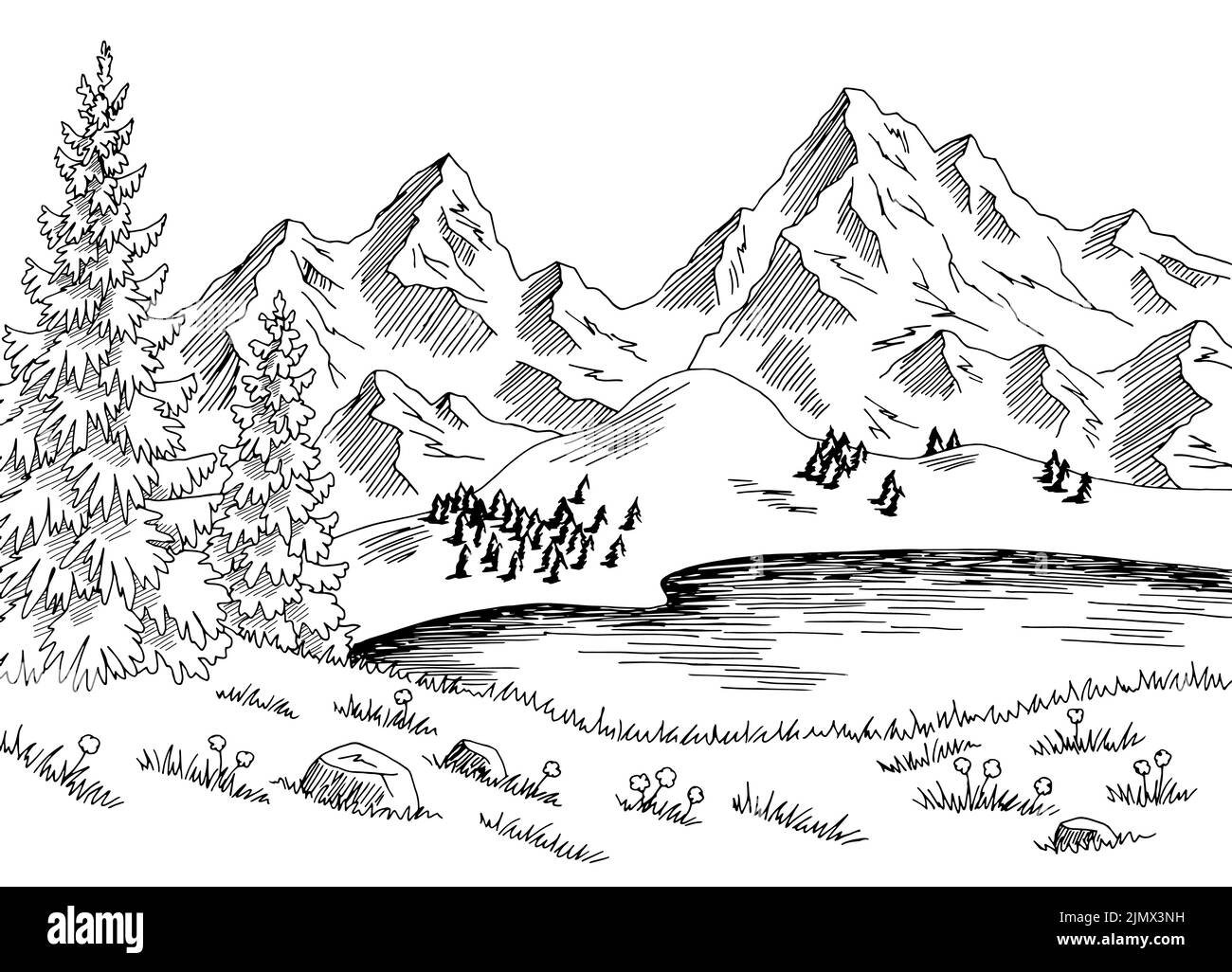 Mountain Lake grafica nero bianco disegno paesaggio vettore illustrazione Illustrazione Vettoriale