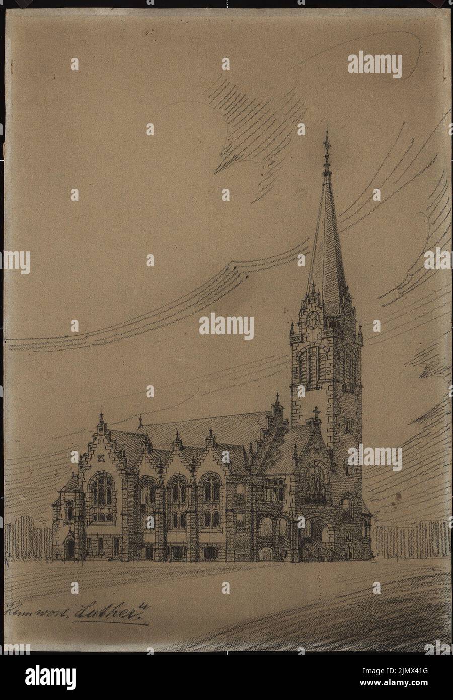 Architetto sconosciuto, non ancora registrato: Disegni di concorso (senza data): Non ancora registrato. Materiale/tecnologia N. Catturato, 57,7 x 40 cm (inclusi i bordi di scansione) N. : Evangelische Kirche am Hohenzollernplatz, Francoforte sul meno Foto Stock