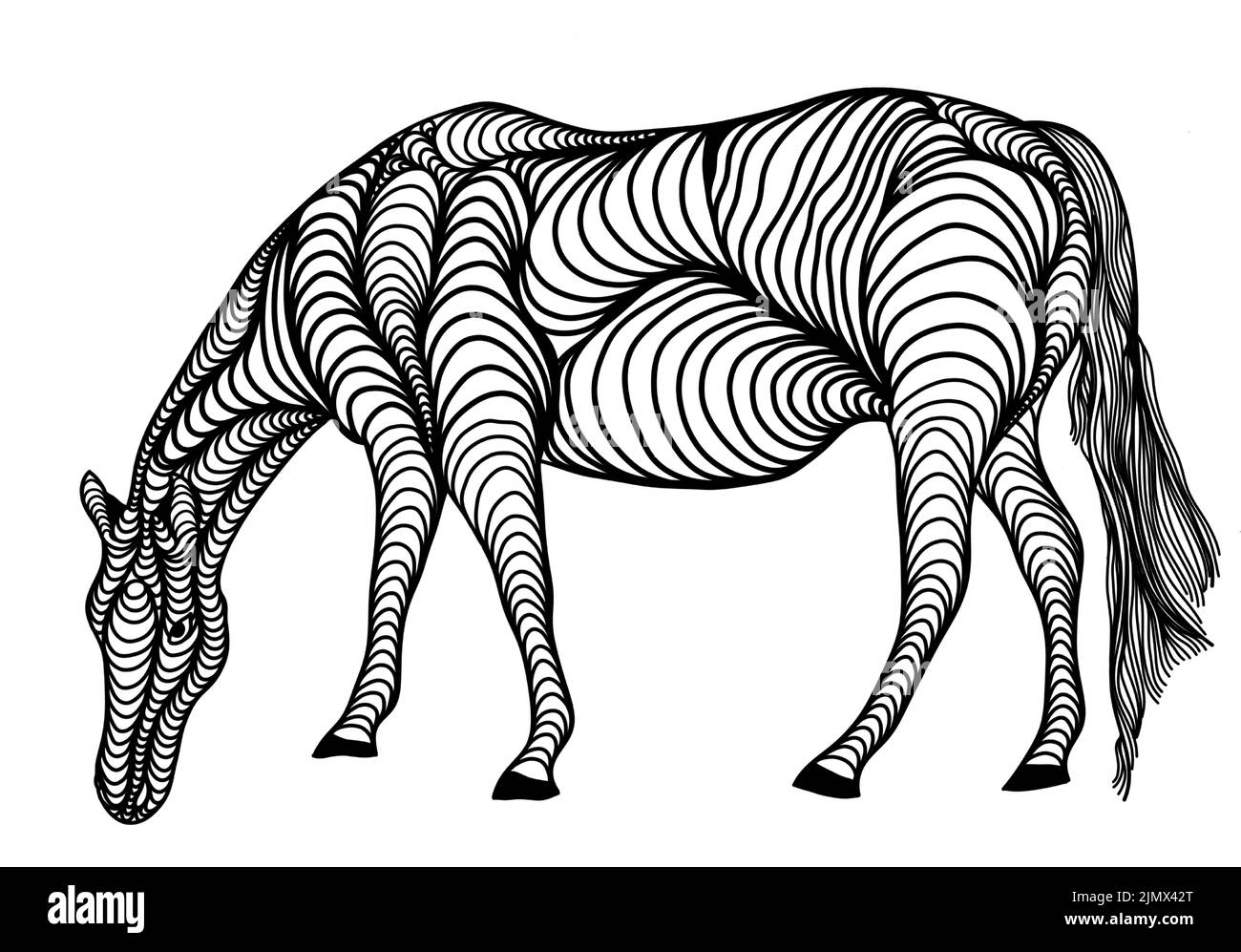 Un'icona raffigurante un cavallo in artline offset nero. Modello esclusivo per il logo o il design dello sfondo. Illustrazione Vettoriale