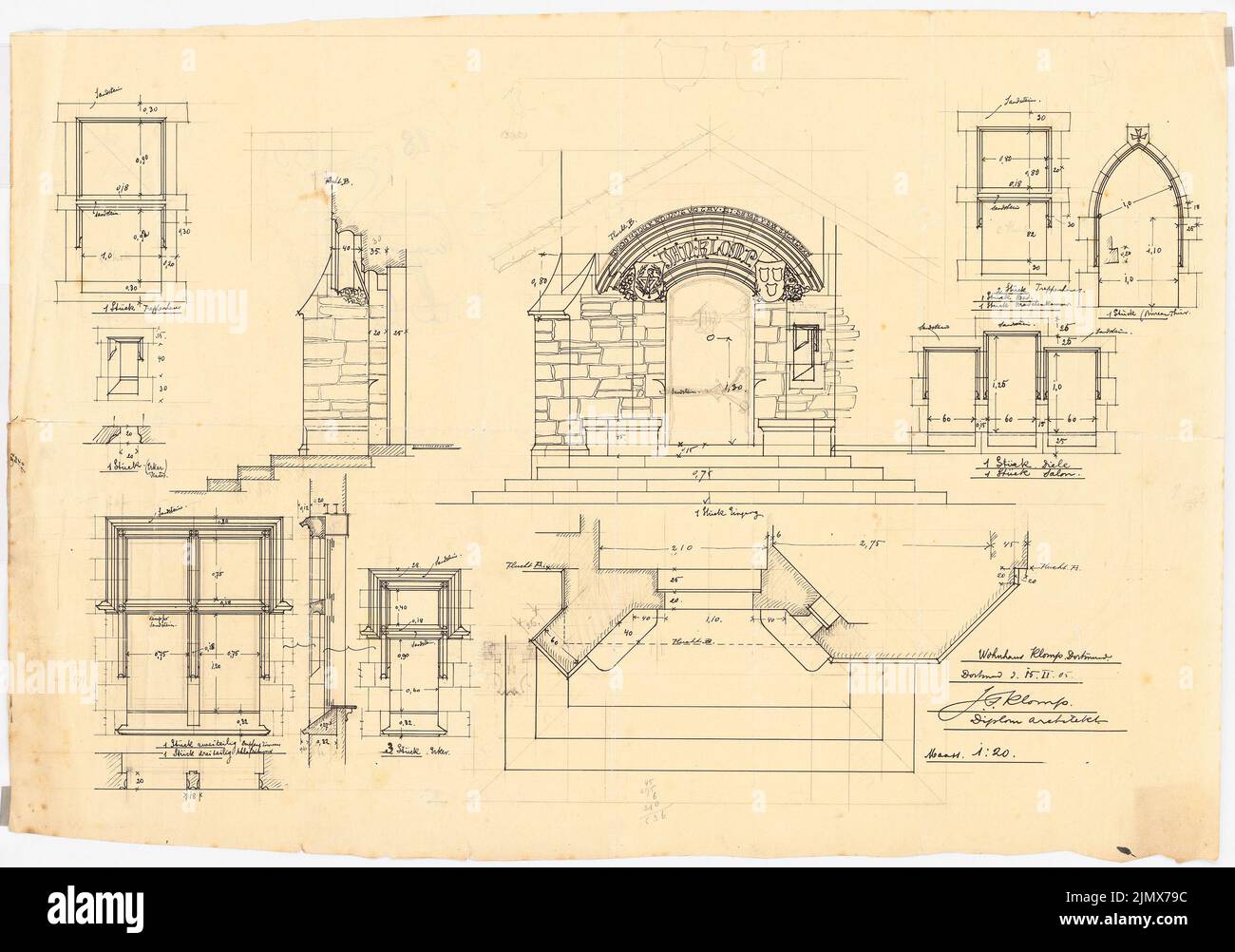 Klomp Johannes Franziskus (1865-1946), Klomp, Dortmund (15 febbraio 1905): Dettagli su porte e finestre 1:20. Inchiostro, matita su trasparente, 53,7 x 76,4 cm (compresi i bordi di scansione) Klomp Johannes Franziskus (1865-1946): Wohnhaus Klomp, Dortmund Foto Stock