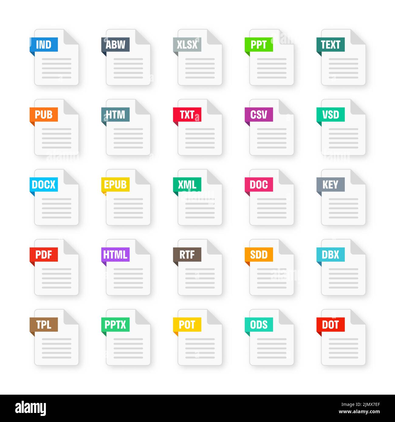 Formati file di sistema comuni. Tipi di documento ed estensioni. Collezione icone stile piatto. Pittogramma del documento, elemento dell'interfaccia utente del disegno Web, modello. Computer Illustrazione Vettoriale