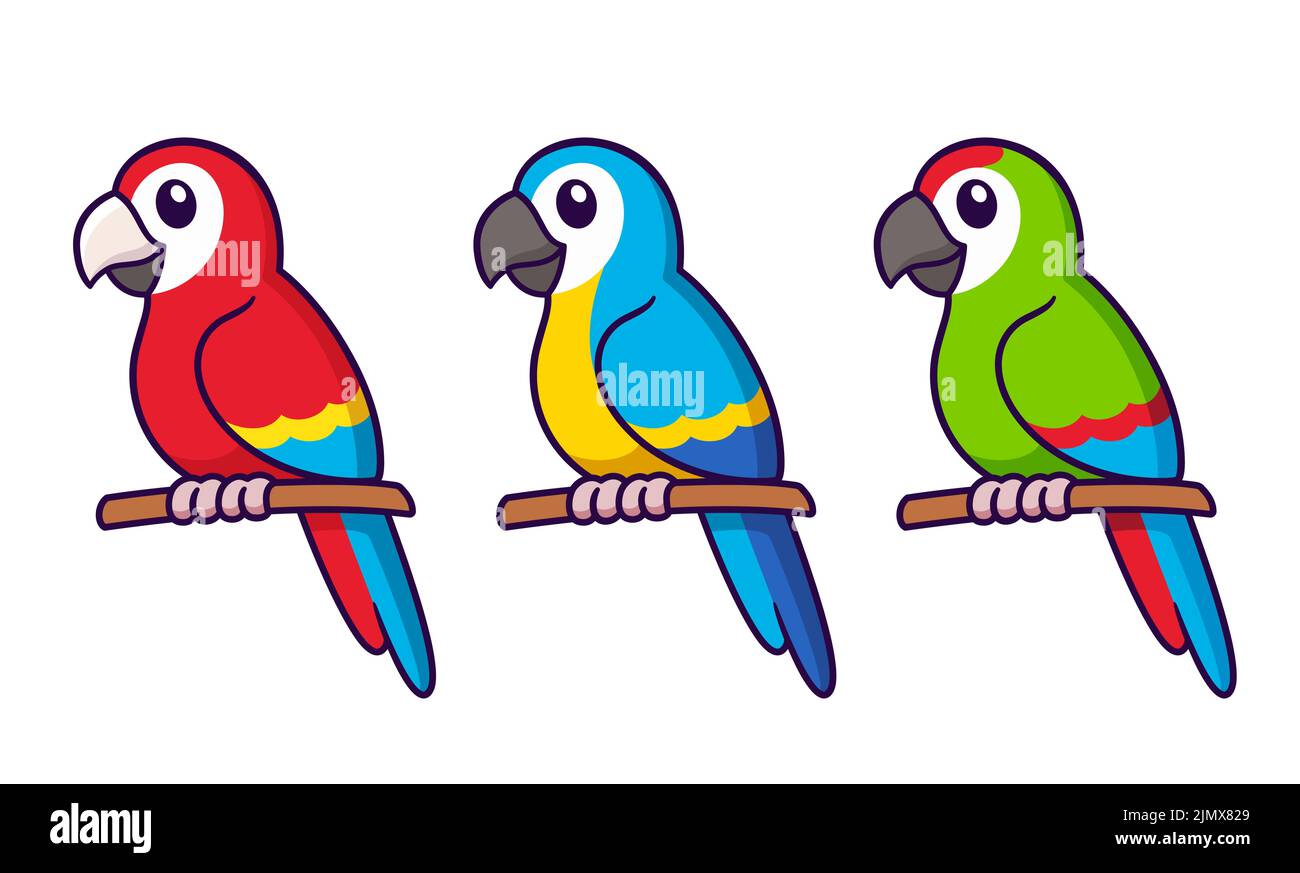 Carino disegno di pappagalli di macaw del cartone animato. Uccelli tropicali rossi, blu e verdi. Semplice set di illustrazioni vettoriali clip art. Illustrazione Vettoriale