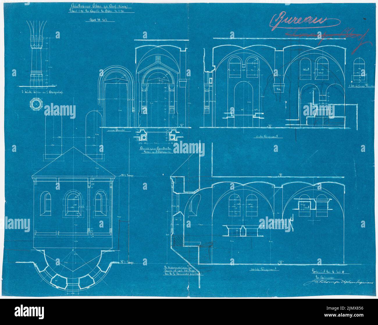 Klomp Johannes Franziskus (1865-1946), Abbazia Benedettier St. Mauritius, Clerf (Clervaux), Lussemburgo (16 luglio 1909): Dettaglio della cappella abate, pianta, viste e tagli 1:20. Matita su piano cartaceo, 67,5 x 85,4 cm (compresi i bordi di scansione) Klomp Johannes Franziskus (1865-1946): Benedektinerabtei St. Mauritius, Clerf (Clervaux) Foto Stock