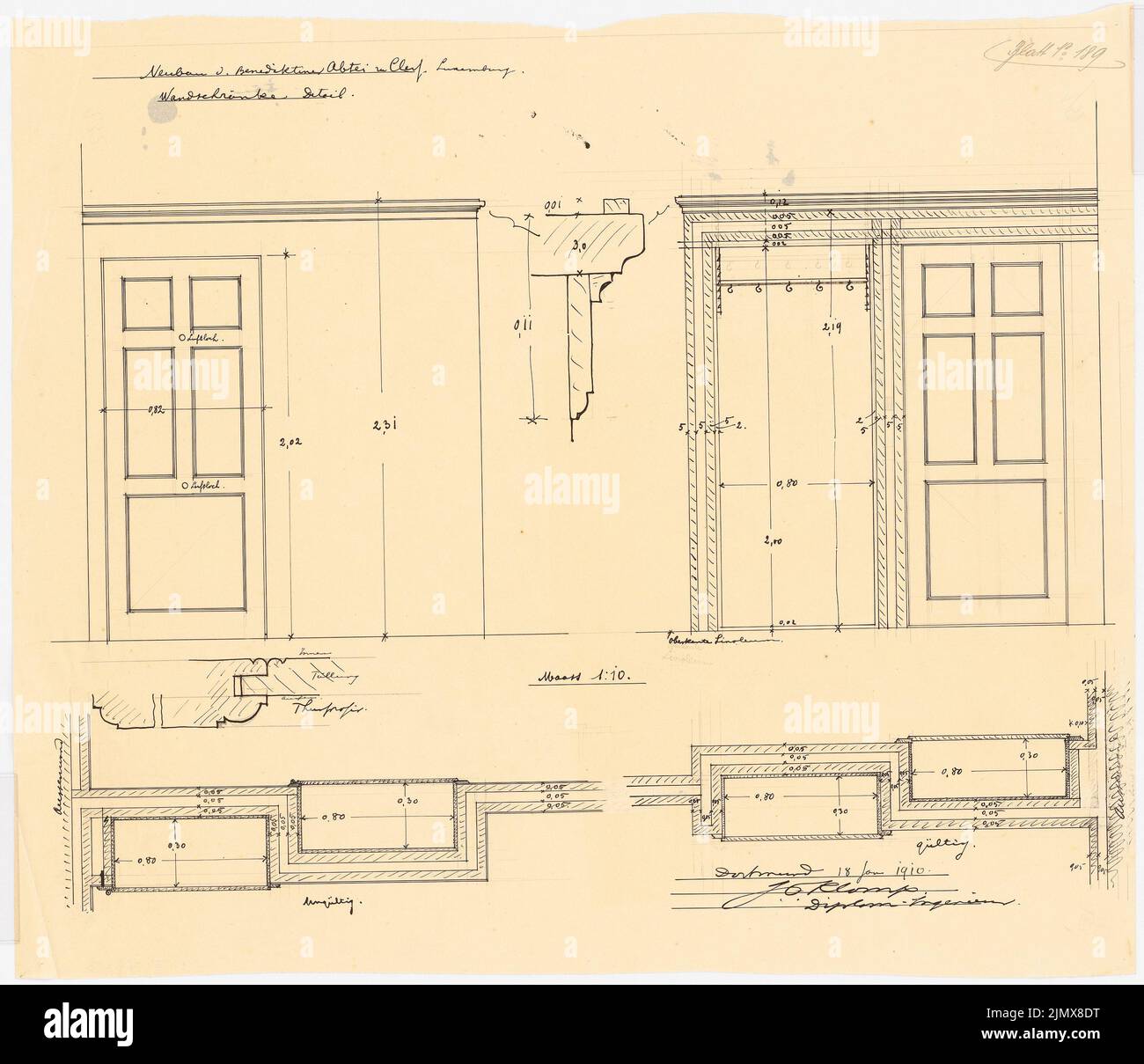 Klomp Johannes Franziskus (1865-1946), Abbazia Benedettier St. Mauritius, Clerf (Clervaux), Lussemburgo (18 gennaio 1910): Pensili, dettaglio, piantine, viste 1:10. Inchiostro, matita su trasparente, 51,3 x 59,6 cm (compresi i bordi di scansione) Klomp Johannes Franziskus (1865-1946): Benedektinerabtei St. Mauritius, Clerf (Clervaux) Foto Stock