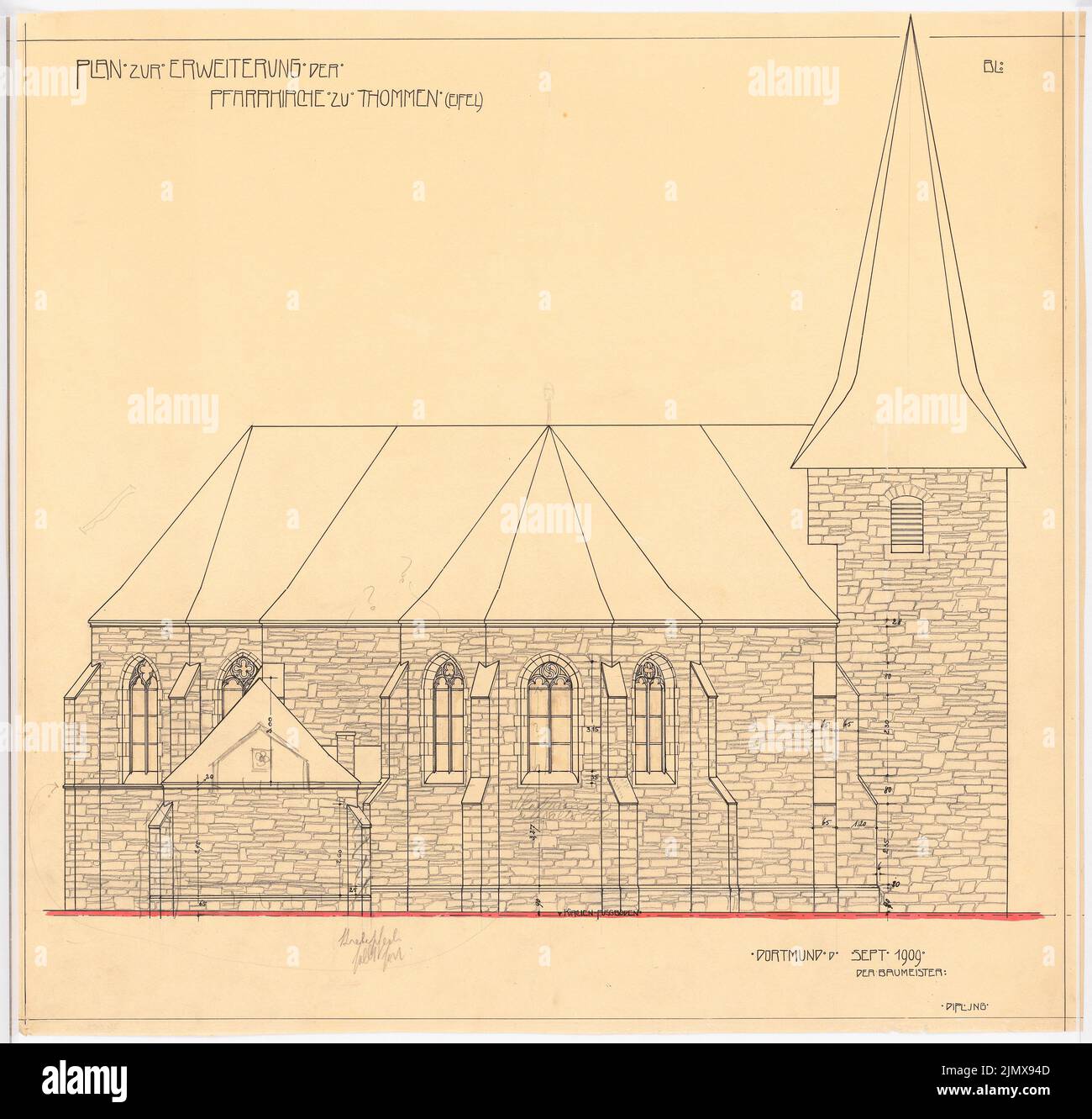 Klomp Johannes Franziskus (1865-1946), espansione della Chiesa di RemaLe, Thommen (09,1909): Vista del Seitage (1:50). Tusche, matita acquerello trasparente, 59,6 x 62,4 cm (compresi i bordi di scansione) Klomp Johannes Franziskus (1865-1946): Erweiterung der Remaklus-Kirche, Thommen Foto Stock