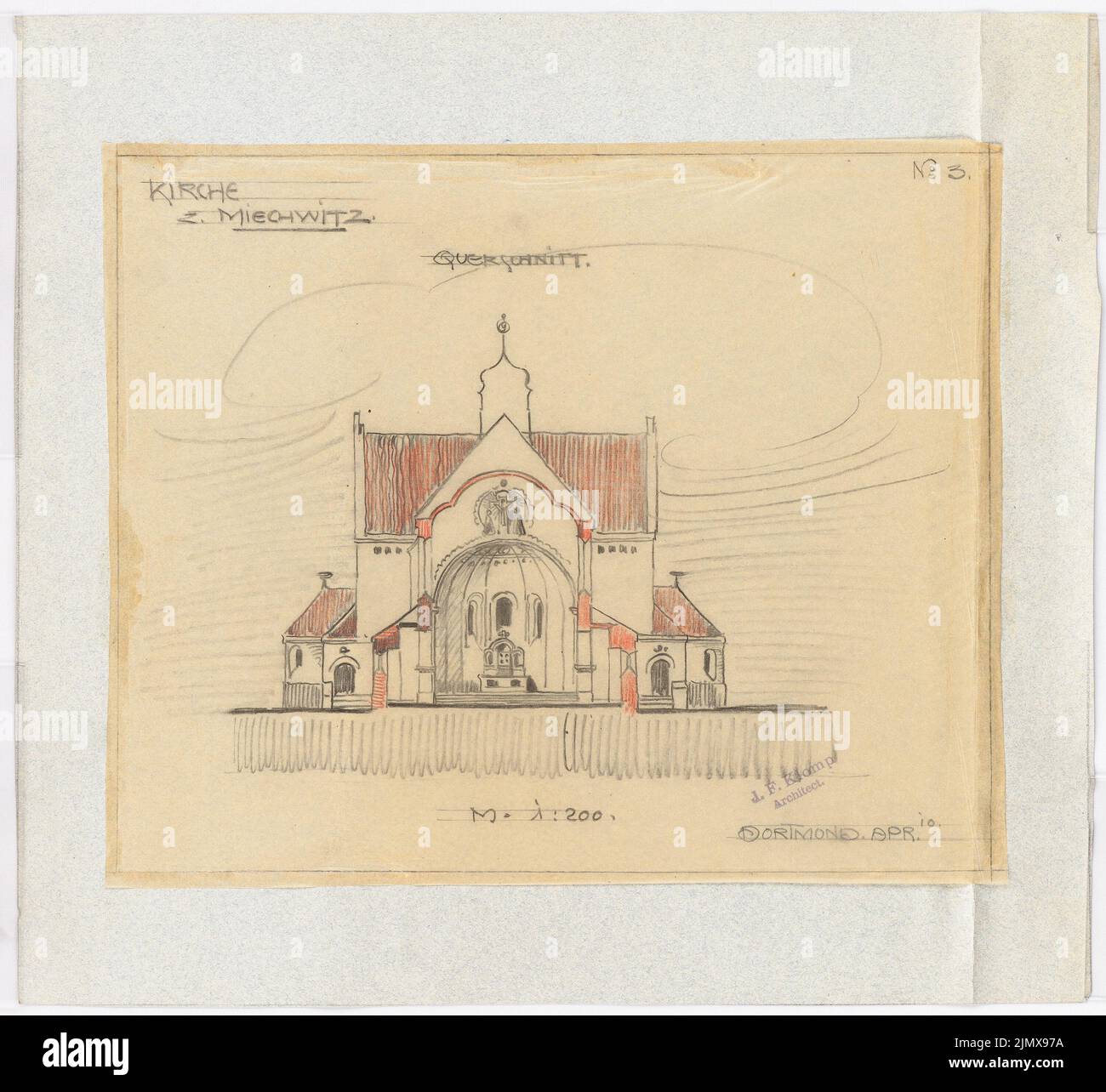 Klomp Johannes Franziskus (1865-1946), chiesa e canonica, Miechowitz (04,1910): Sezione trasversale 1: 200 (foglio 3). Matita, matita colorata, carbone su cartone, trasparente, 39,3 x 42,7 cm (compresi i bordi di scansione) Klomp Johannes Franziskus (1865-1946): Kirche und Pfarrhaus, Miechowitz Foto Stock