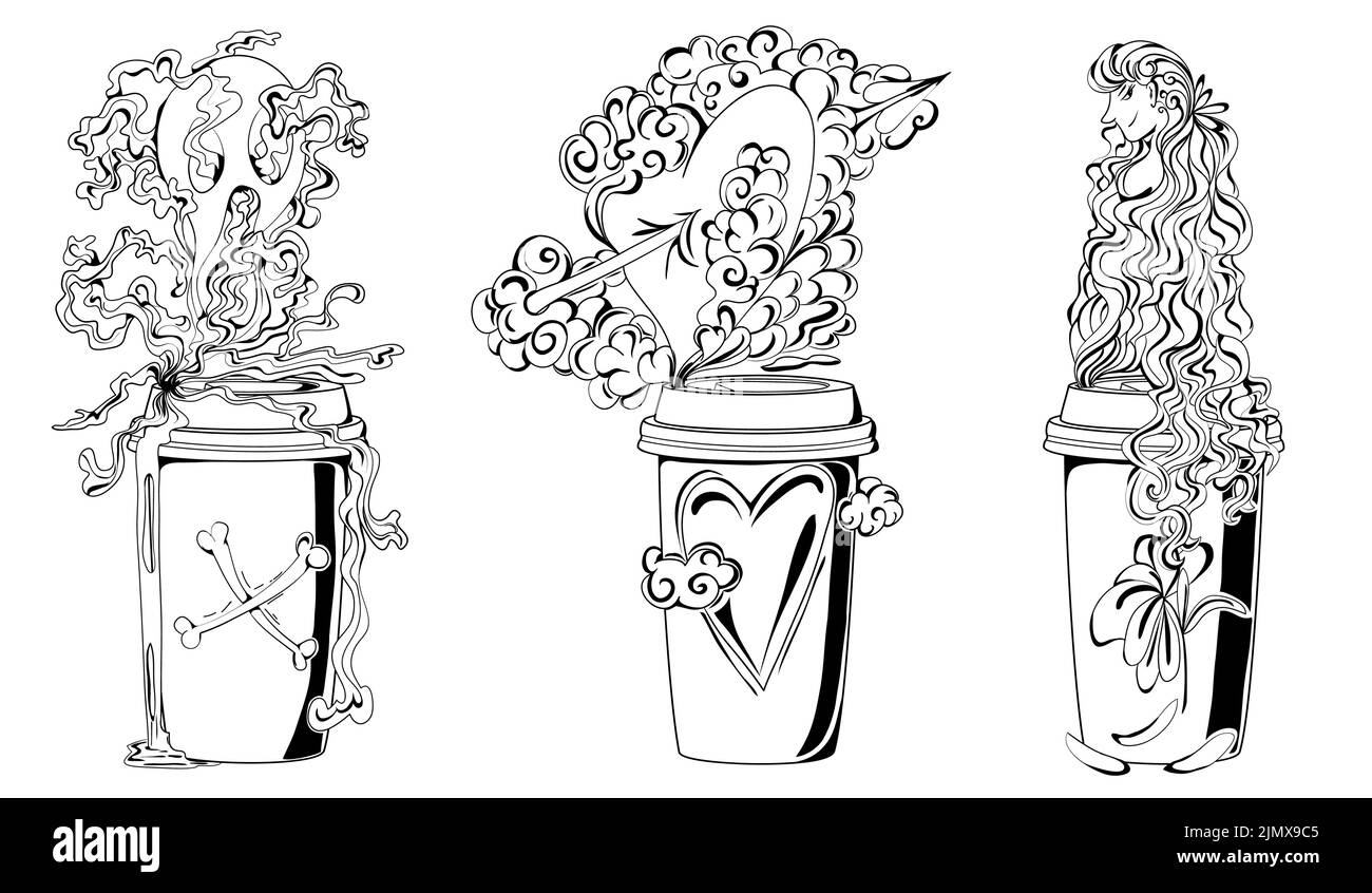 Coffee veleno. Amore pozione. Elisir giovanile. Impostare le illustrazioni di una tazza di caffè con componenti tossici. Illustrazione nera. Illustrazione Vettoriale