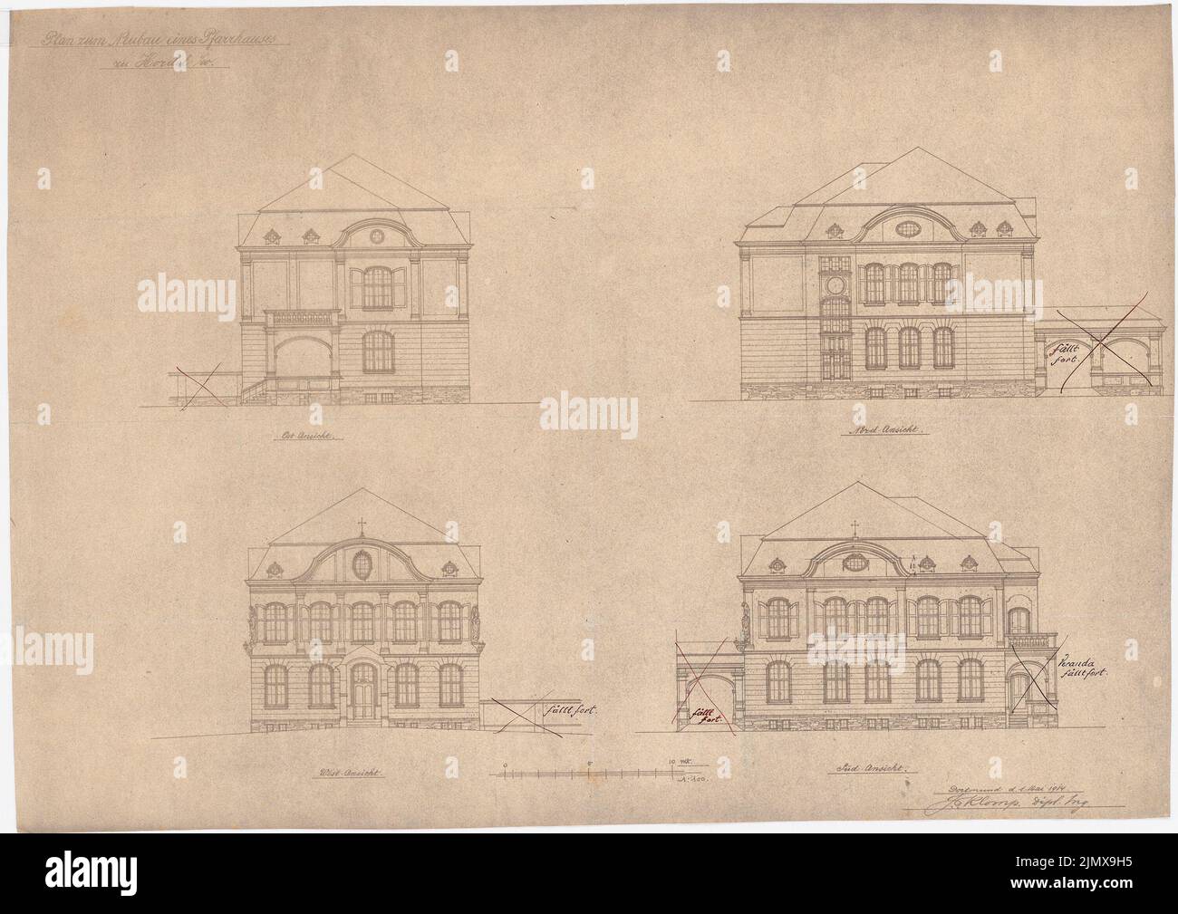 Klomp Johannes Franziskus (1865-1946), canonica (e progetto per una chiesa), Bochum-Hordel (01.05.1914): Viste da tutti i lati della canonica 1: 100. Inchiostro, inchiostro colorato, rottura su carta, 48,8 x 69 cm (compresi i bordi di scansione) Klomp Johannes Franziskus (1865-1946): Pfarrhaus (und Entwurf für eine Kirche), Bochum-Hordel Foto Stock