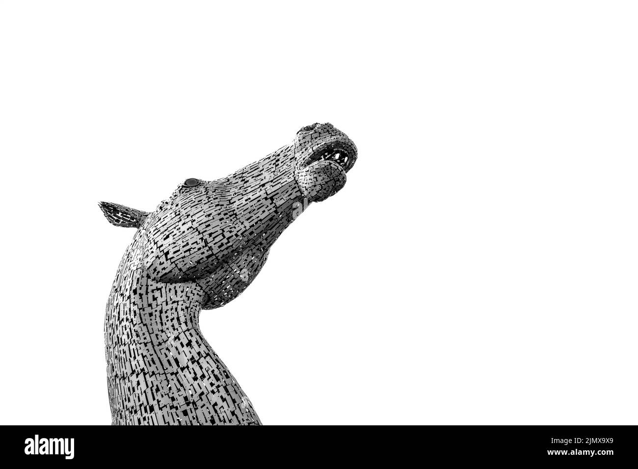 Dettaglio in primo piano dei Kelpies di Falkirk con testa a cavallo su uno sfondo isolato e spazio di copia Foto Stock