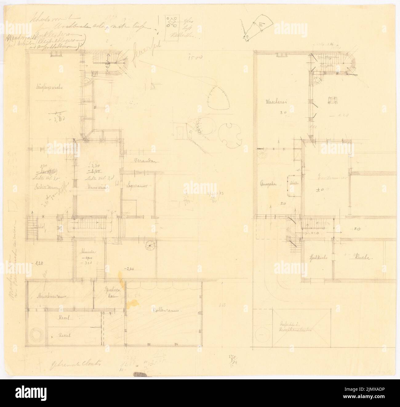 Klomp Johannes Franziskus (1865-1946), Vinzenz-Waisenhaus (con stabile), Dortmund (1899-1903): Piantine della lavanderia. Matita su trasparente, 50,5 x 53,2 cm (compresi i bordi di scansione) Klomp Johannes Franziskus (1865-1946): Vinzenz-Waisenhaus (mit Stallgebäude), Dortmund Foto Stock