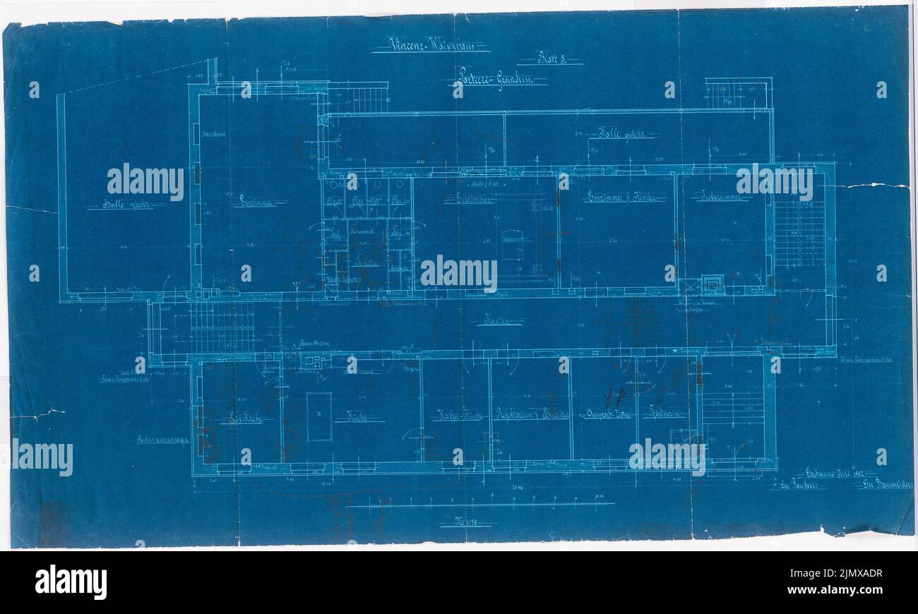 Klomp Johannes Franziskus (1865-1946), Vinzenz-Waisenhaus (con stabile), Dortmund (07,1902): Grundriss parterre 1:50 (foglio 3). Inchiostro, matita su carta, 53,1 x 88,5 cm (compresi i bordi di scansione) Klomp Johannes Franziskus (1865-1946): Vinzenz-Waisenhaus (mit Stallgebäude), Dortmund Foto Stock