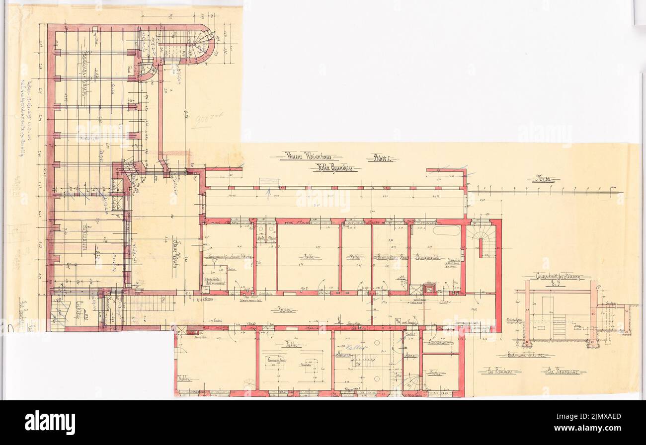 Klomp Johannes Franziskus (1865-1946), Vinzenz-Waisenhaus (con stabile), Dortmund (07,1902): Grundriss Keller 1:50 (foglio 2), sezione trasversale del riscaldamento, lavanderia ala aggiunto. Inchiostro, matita, matita colorata, inchiostro colorato, da acquarello a trasparente, 66,2 x 106,7 cm (compresi i bordi di scansione) Klomp Johannes Franziskus (1865-1946): Vinzenz-Waisenhaus (mit Stallgebäude), Dortmund Foto Stock