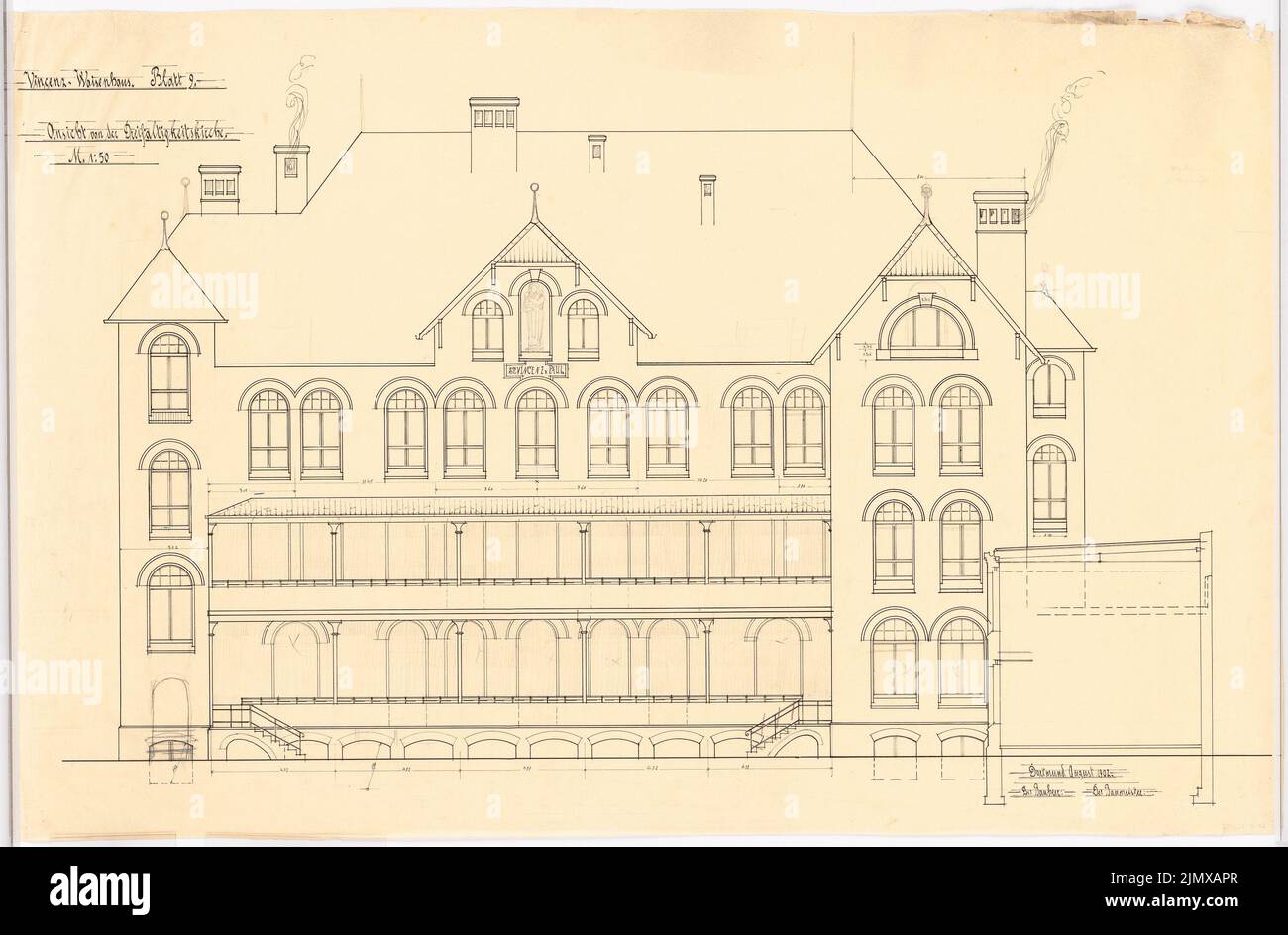 Klomp Johannes Franziskus (1865-1946), Vinzenz-Waisenhaus (con stabile), Dortmund (08,1902): View 1:50 (foglio 9). Inchiostro, matita su trasparente, 58,2 x 88,6 cm (compresi i bordi di scansione) Klomp Johannes Franziskus (1865-1946): Vinzenz-Waisenhaus (mit Stallgebäude), Dortmund Foto Stock