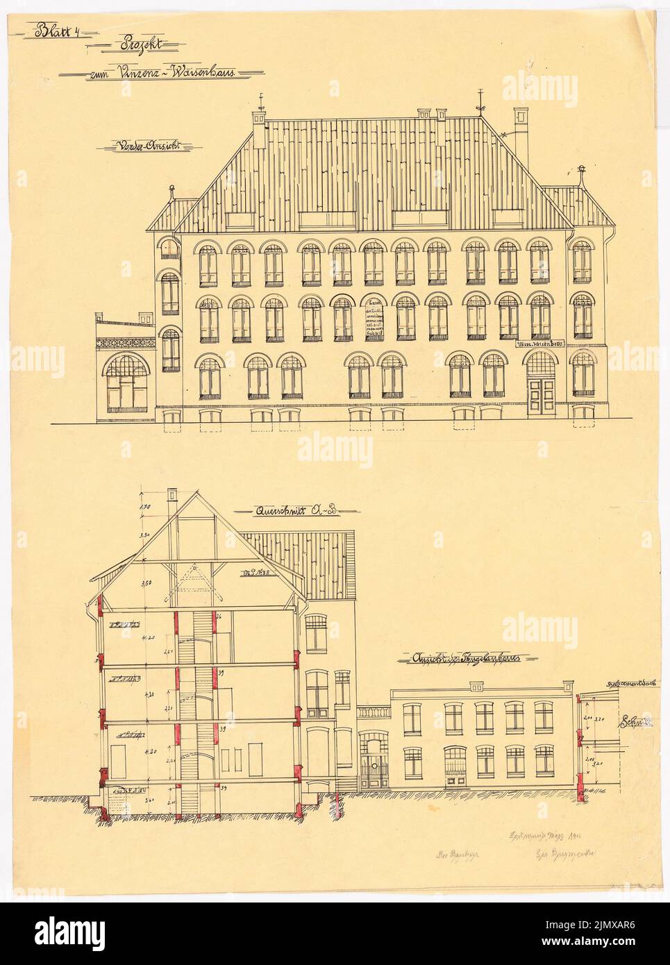 Klomp Johannes Franziskus (1865-1946), Vinzenz-Waisenhaus (con stabile), Dortmund (03,1902): Vista frontale e sezione trasversale; vista della coltivazione dell'ala (foglio 4). Inchiostro, inchiostro colorato, acquerello trasparente, 66,6 x 49,5 cm (compresi i bordi di scansione) Klomp Johannes Franziskus (1865-1946): Vinzenz-Waisenhaus (mit Stallgebäude), Dortmund Foto Stock