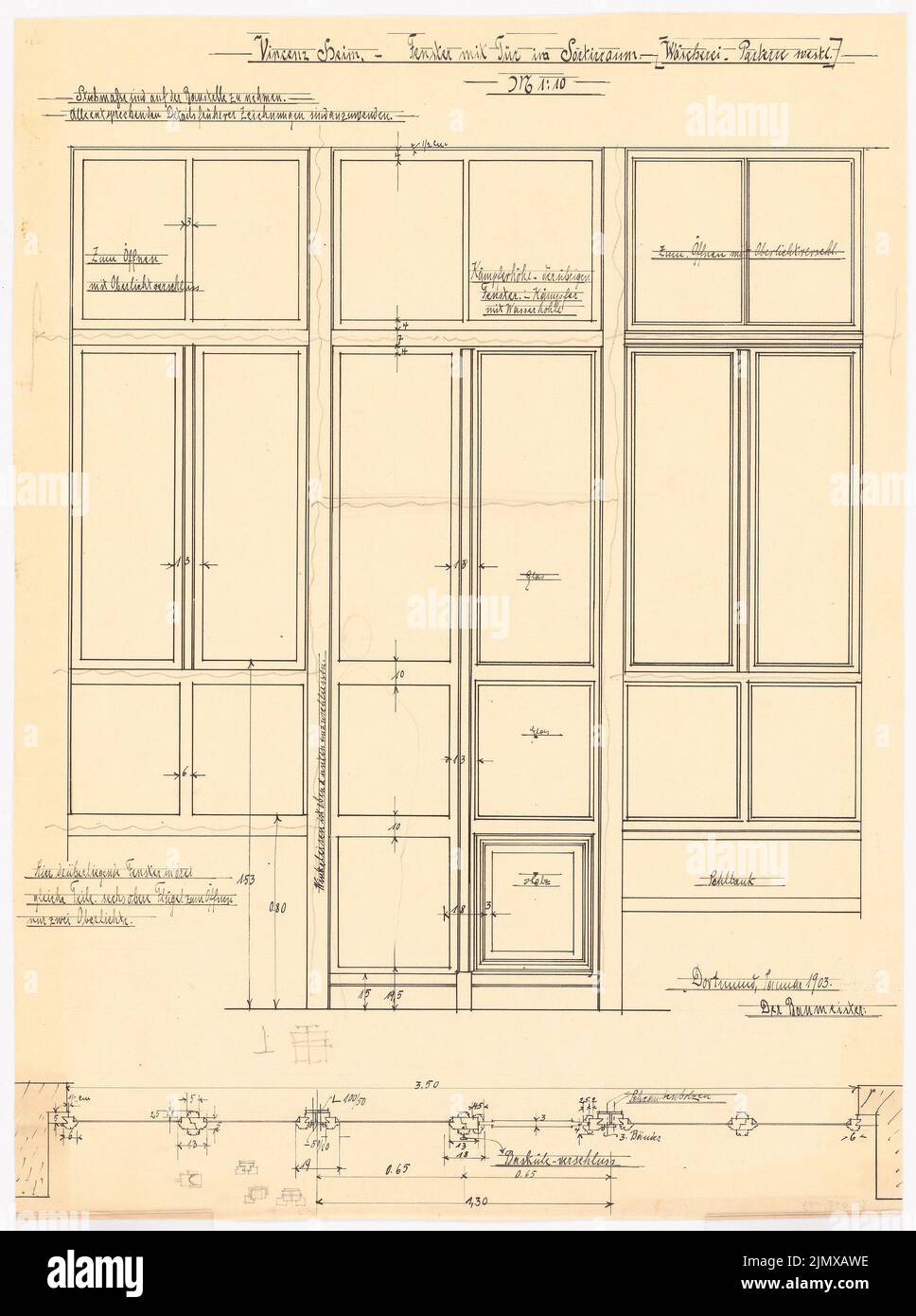 Klomp Johannes Franziskus (1865-1946), Vinzenz-Waisenhaus (con stabile), Dortmund (01,1903): Finestra e porta al piano terra della lavanderia e piano 1:10. Inchiostro, matita su trasparente, 54,1 x 40,3 cm (compresi i bordi di scansione) Klomp Johannes Franziskus (1865-1946): Vinzenz-Waisenhaus (mit Stallgebäude), Dortmund Foto Stock