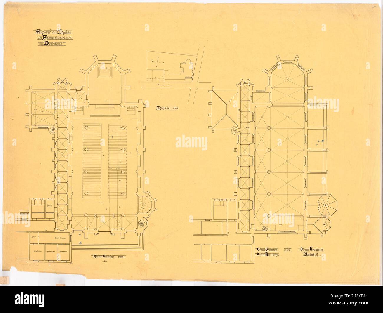 Klomp Johannes Franziskus (1865-1946), San Francesco (ed espansione del monastero francescano), Dortmund (1900-1903): Pianta piano terra e altezza galleria 1: 100, mappa 1: 1000. Inchiostro su trasparente, 78,3 x 104,6 cm (compresi i bordi di scansione) Klomp Johannes Franziskus (1865-1946): St. Franziskus (und Erweiterung Franziskanerkloster), Dortmund Foto Stock