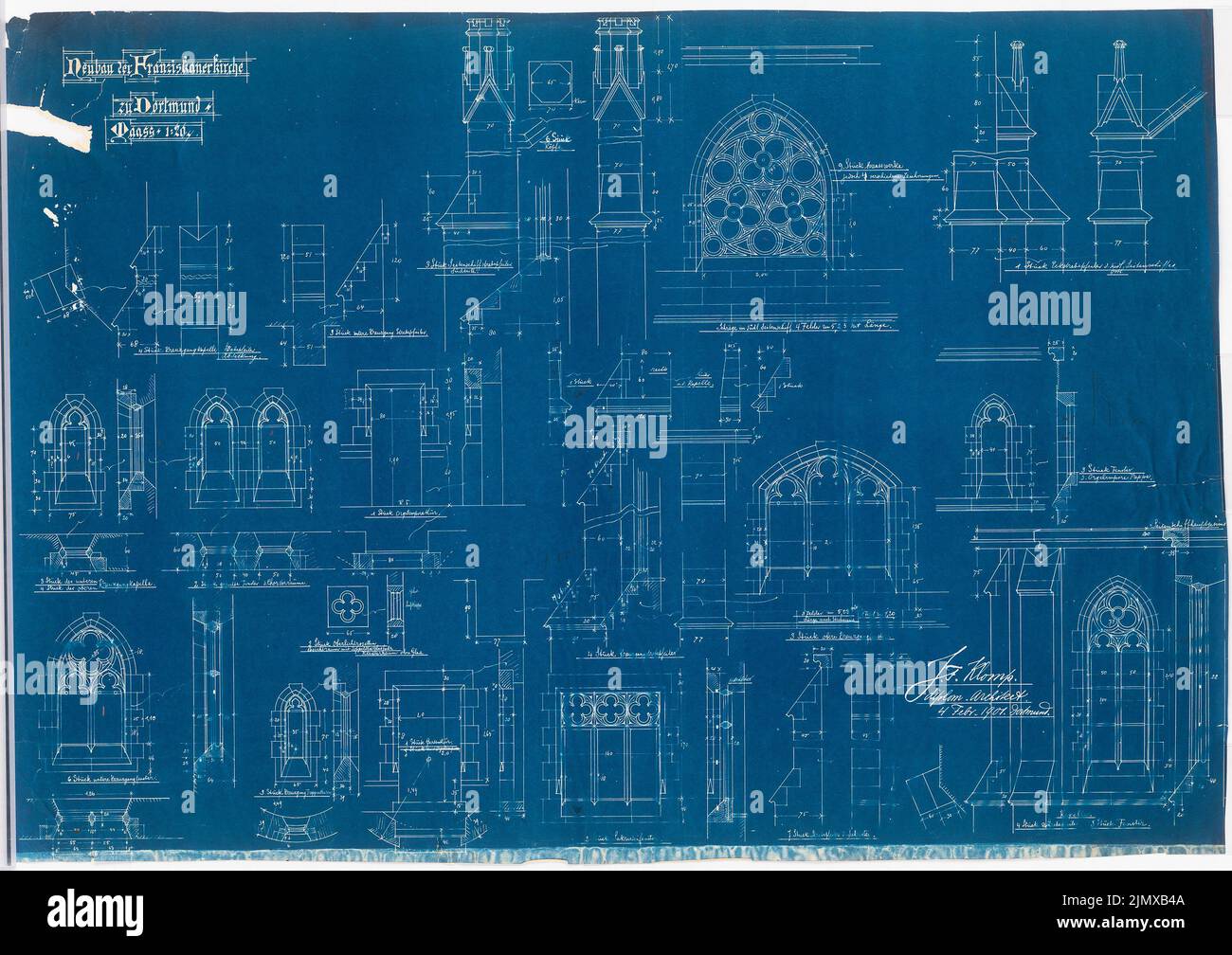 Klomp Johannes Franziskus (1865-1946), San Francesco (e l'espansione del monastero francescano), Dortmund (04.02.1901): Viste, piani e dettagli delle finestre e pulsante 1:20. Matita su piano cartaceo, 69,6 x 98,5 cm (compresi i bordi di scansione) Klomp Johannes Franziskus (1865-1946): St. Franziskus (und Erweiterung Franziskanerkloster), Dortmund Foto Stock