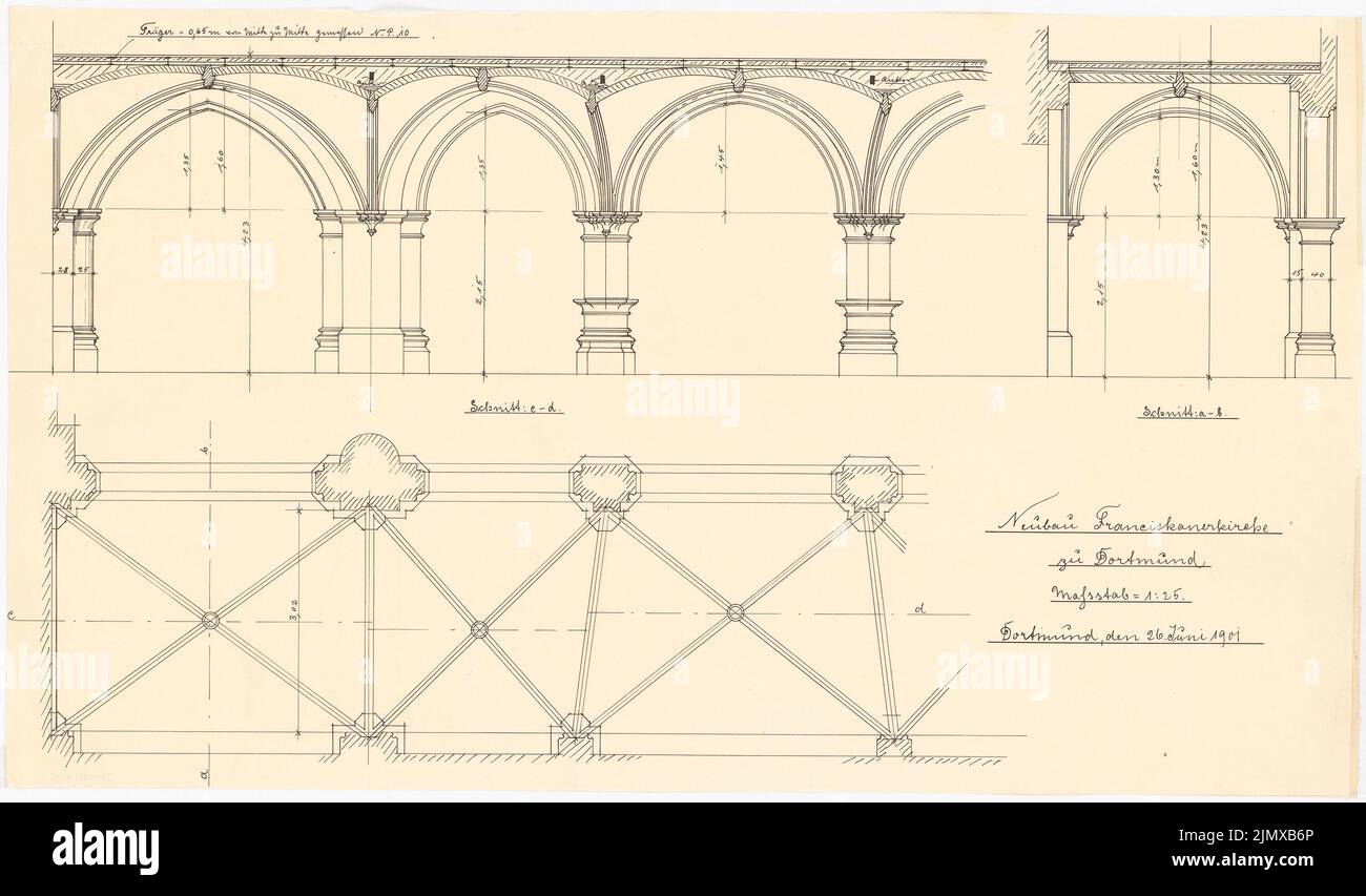 Klomp Johannes Franziskus (1865-1946), San Francesco (ed espansione del monastero francescano), Dortmund (26 giugno 1901): Portici (una navata laterale?), piano di taglio e piano 1:25. Inchiostro su trasparente, 42,9 x 73,1 cm (compresi i bordi di scansione) Klomp Johannes Franziskus (1865-1946): St. Franziskus (und Erweiterung Franziskanerkloster), Dortmund Foto Stock