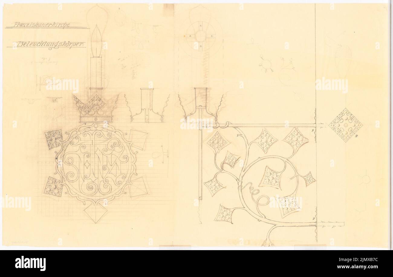 Klomp Johannes Franziskus (1865-1946), San Francesco (ed espansione del monastero francescano), Dortmund (1900-1903): Disegno della vista frontale e laterale dei corpi illuminanti (1: 1). Matita su trasparente, 64,5 x 101,1 cm (compresi i bordi di scansione) Klomp Johannes Franziskus (1865-1946): St. Franziskus (und Erweiterung Franziskanerkloster), Dortmund Foto Stock