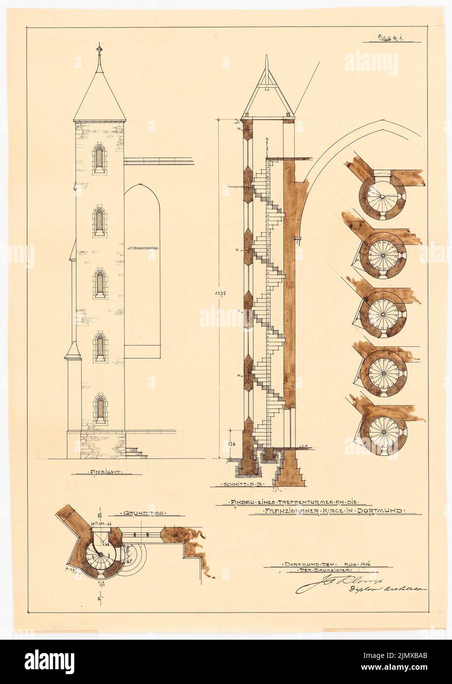 Klomp Johannes Franziskus (1865-1946), San Francesco (ed espansione del monastero francescano), Dortmund (08,1906): Coltivazione di una torre di scale alla Franziskanerkirche, vista, taglio e pianta. Acquerello Tusche su trasparente, 66,2 x 46,8 cm (compresi i bordi di scansione) Klomp Johannes Franziskus (1865-1946): St. Franziskus (und Erweiterung Franziskanerkloster), Dortmund Foto Stock