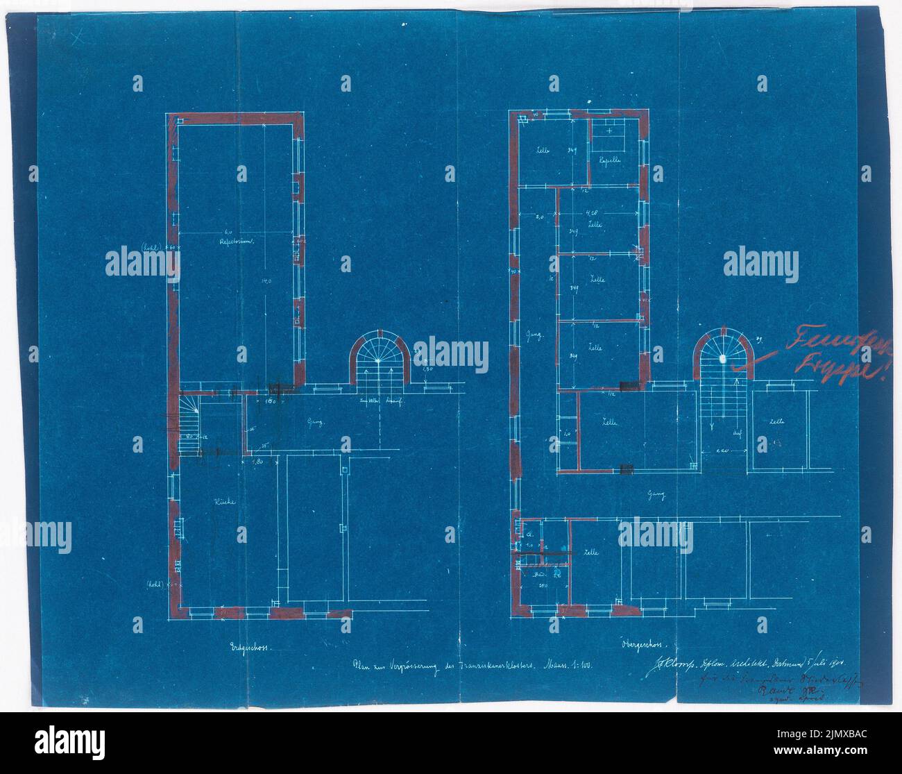 Klomp Johannes Franziskus (1865-1946), San Francesco (ed espansione del monastero francescano), Dortmund (5 luglio 1900): Piantine del piano terra e del piano superiore della coltivazione del monastero 1:100. Matita colorata su piano di carta, 37,1 x 47 cm (compresi i bordi di scansione) Klomp Johannes Franziskus (1865-1946): St. Franziskus (und Erweiterung Franziskanerkloster), Dortmund Foto Stock
