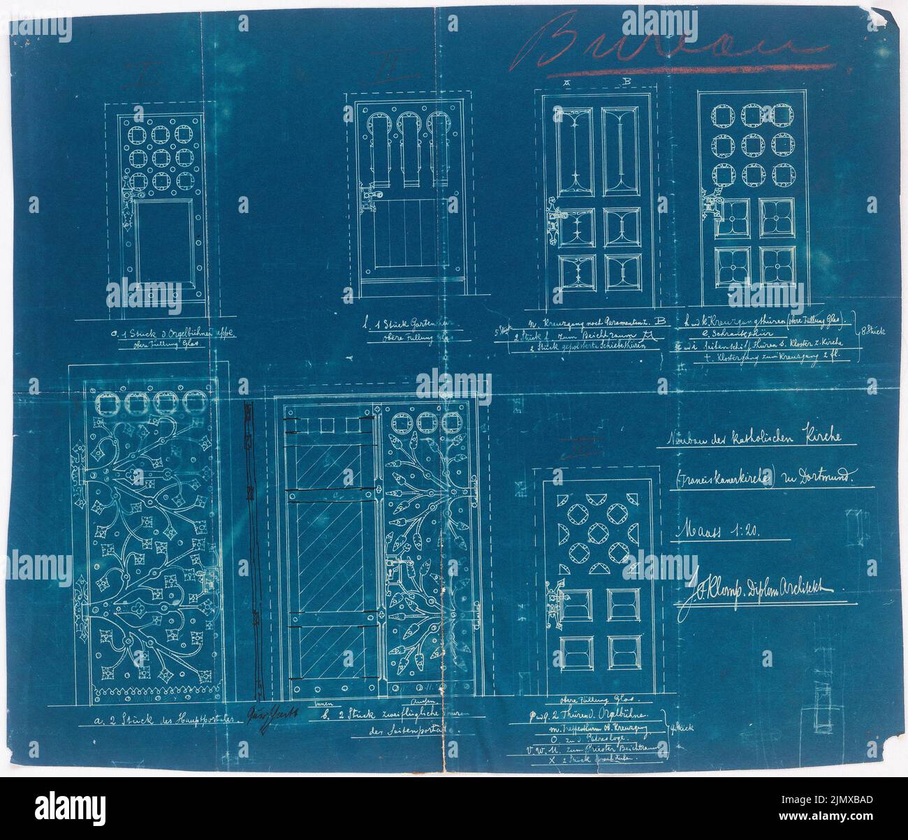 Klomp Johannes Franziskus (1865-1946), San Francesco (ed estensione del monastero francescano), Dortmund (1900-1903): Porte della Chiesa, viste 1:20. Inchiostro, matita su carta, 35,5 x 41,5 cm (compresi i bordi di scansione) Klomp Johannes Franziskus (1865-1946): St. Franziskus (und Erweiterung Franziskanerkloster), Dortmund Foto Stock