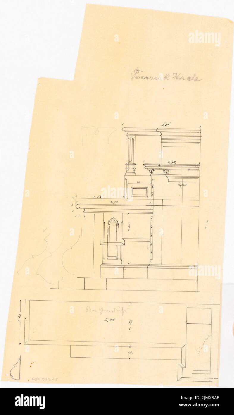 Klomp Johannes Franziskus (1865-1946), San Francesco (ed espansione del convento francescano), Dortmund (1900-1903): Vista laterale e pianta di una sezione di altare (?). Inchiostro, matita su trasparente, 49,5 x 29,9 cm (compresi i bordi di scansione) Klomp Johannes Franziskus (1865-1946): St. Franziskus (und Erweiterung Franziskanerkloster), Dortmund Foto Stock