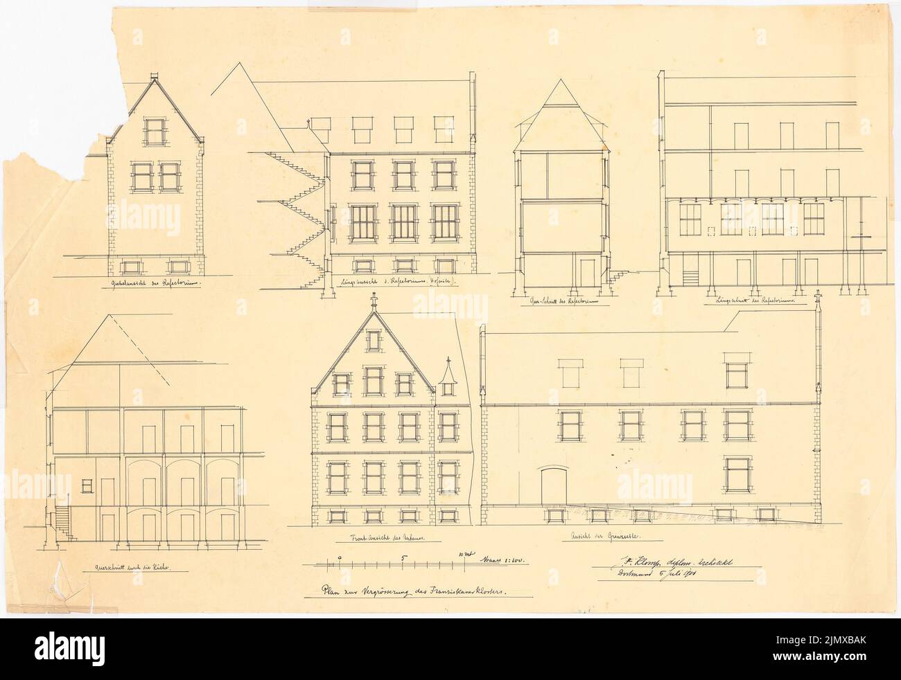 Klomp Johannes Franziskus (1865-1946), San Francesco (ed espansione del convento francescano), Dortmund (5 luglio 1900): Viste e tagli dell'edificio del monastero 1: 100. Inchiostro, matita su trasparente, 48,9 x 71,3 cm (compresi i bordi di scansione) Klomp Johannes Franziskus (1865-1946): St. Franziskus (und Erweiterung Franziskanerkloster), Dortmund Foto Stock