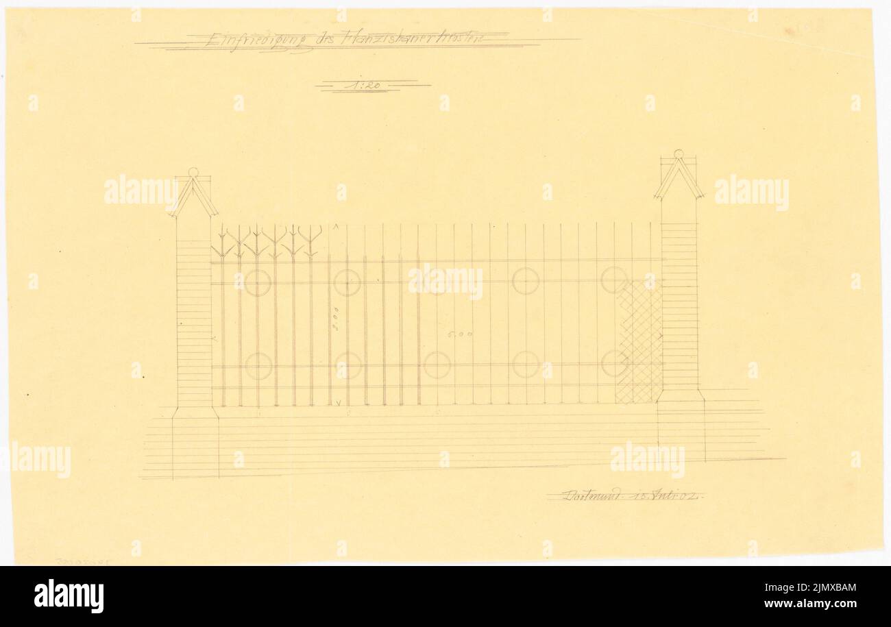 Klomp Johannes Franziskus (1865-1946), San Francesco (e l'espansione del monastero francescano), Dortmund (15 luglio 1902): Dettagli della scherma della chiesa e del monastero (sistema a griglia), vista 1:20. Matita su trasparente, 31,3 x 49,2 cm (compresi i bordi di scansione) Klomp Johannes Franziskus (1865-1946): St. Franziskus (und Erweiterung Franziskanerkloster), Dortmund Foto Stock